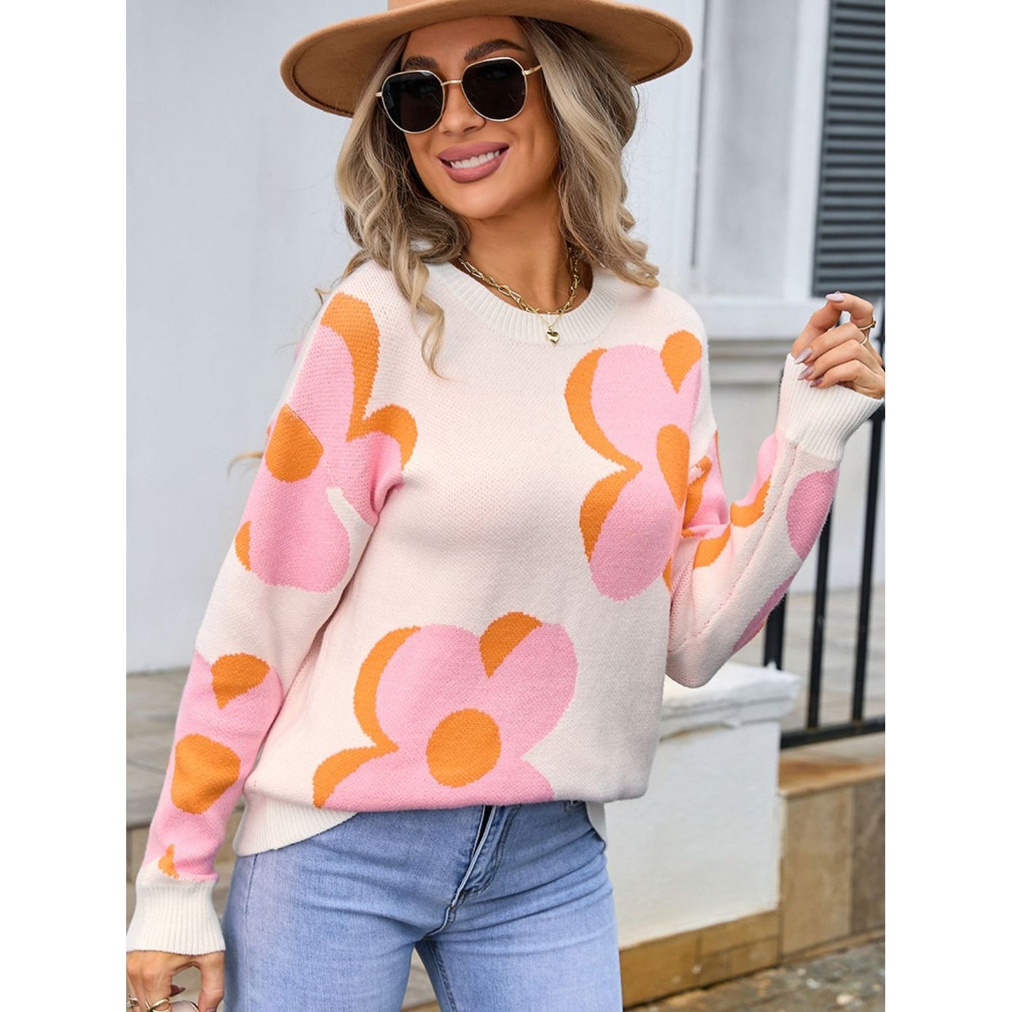 Angel Wings Flower Round Neck Long Sleeve Sweater