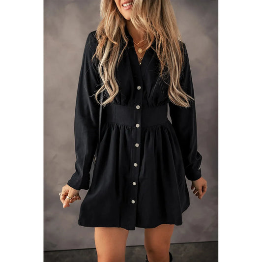 Ruched Button Up Long Sleeve Dress