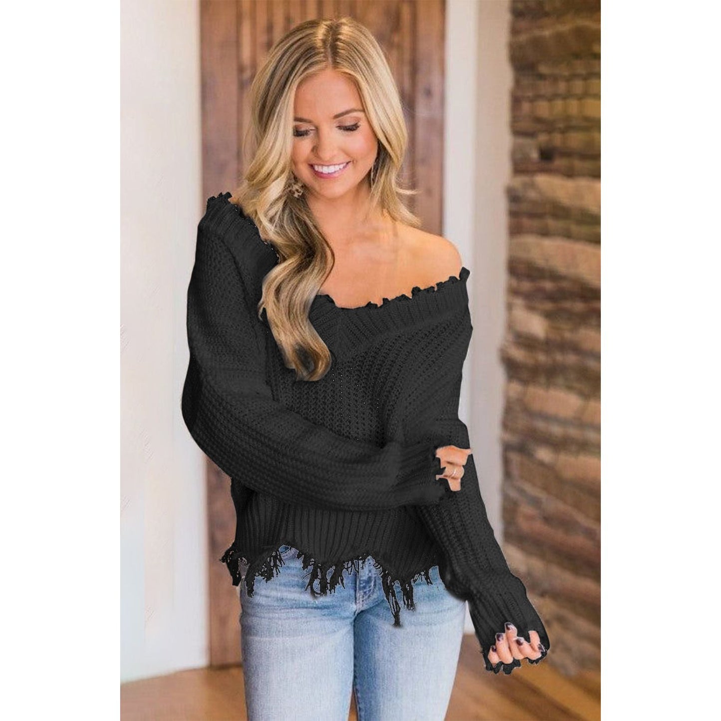 Frayed Hem Dropped Shoulder Sweater