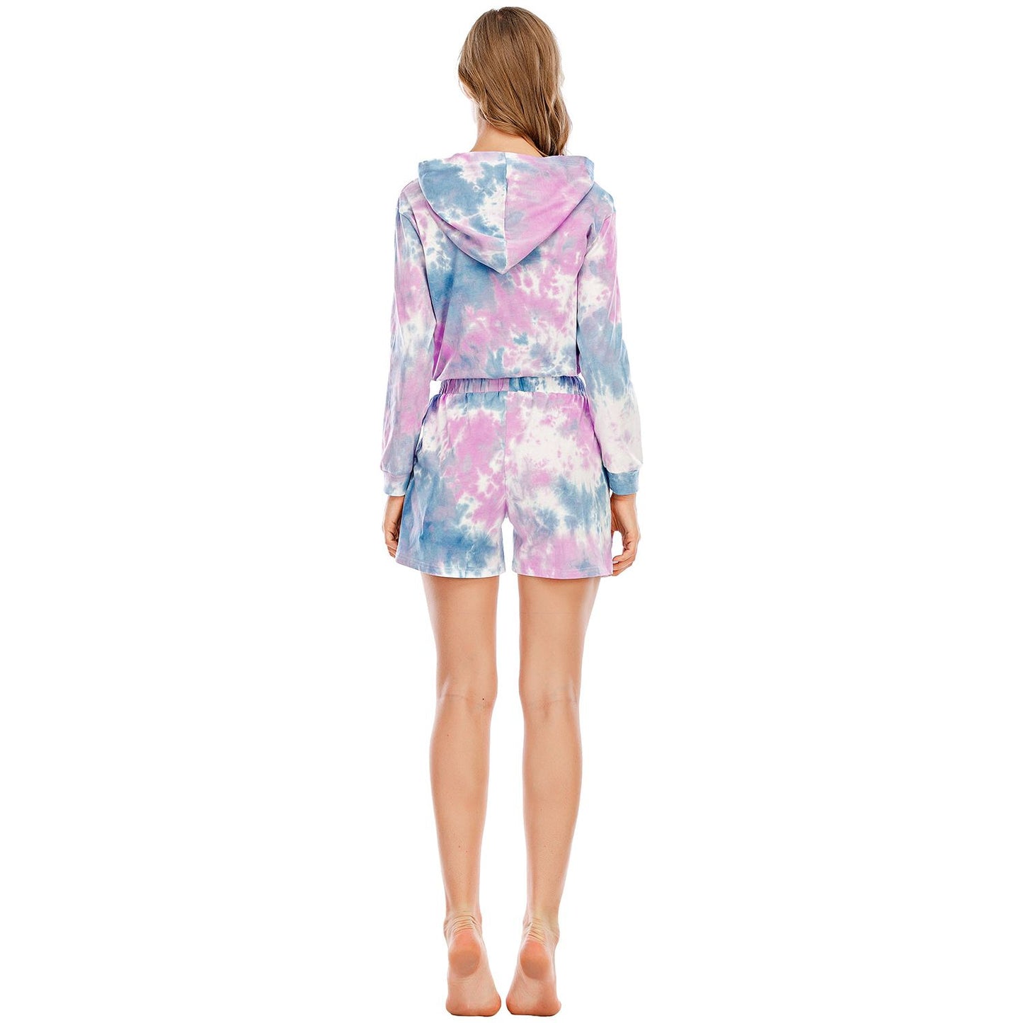 Tie-Dye Drawstring Hooded Top and Shorts Set