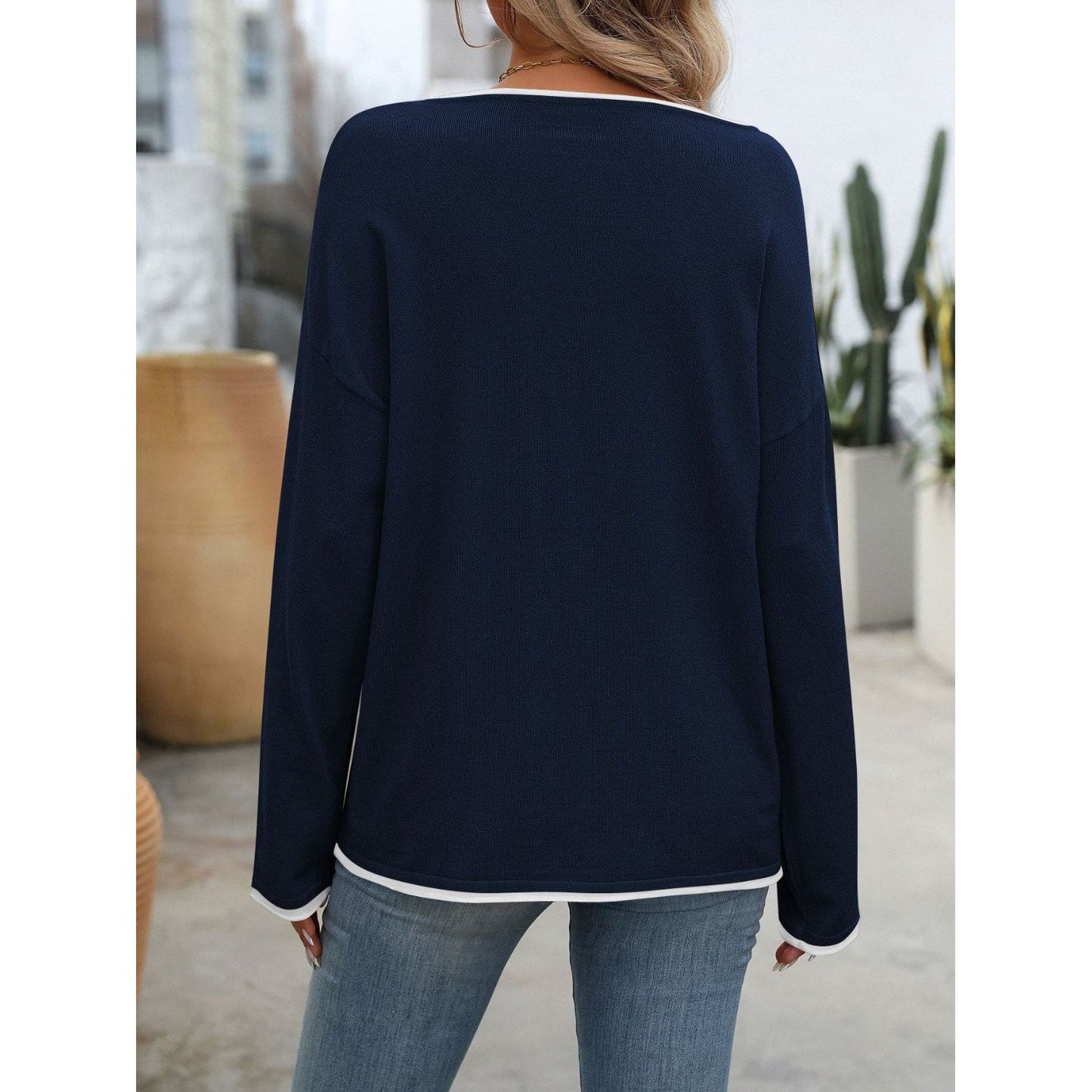 Mandy Contrast Trim Round Neck Long Sleeve Sweater