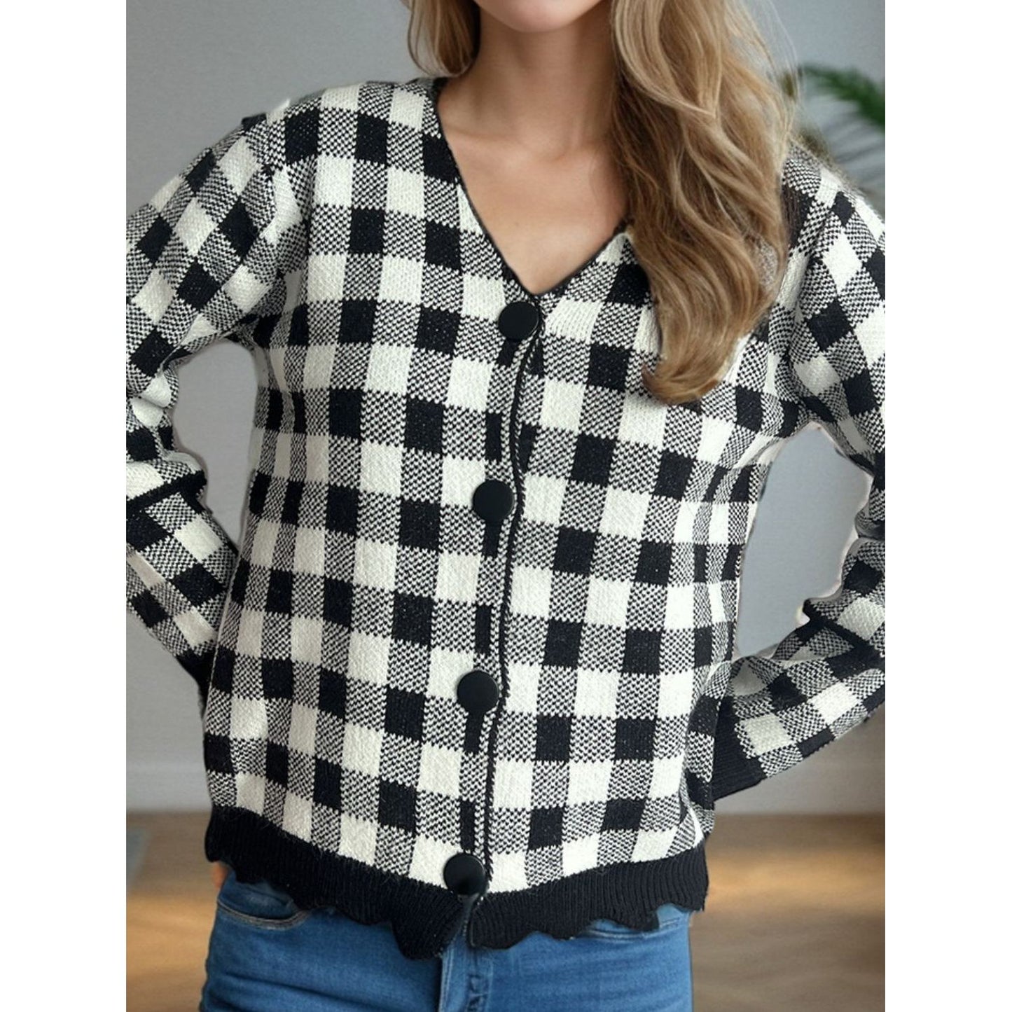 Plaid V-Neck Button Up Cardigan