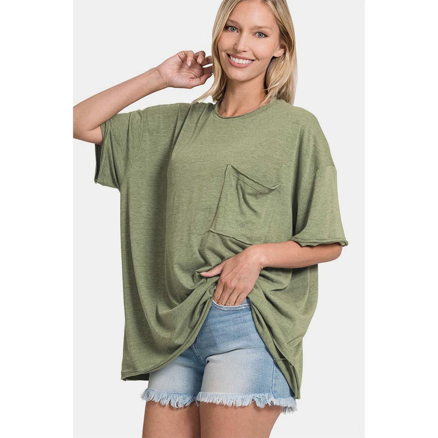 Zenana Drop Shoulder Oversized Front Pocket T-Shirt