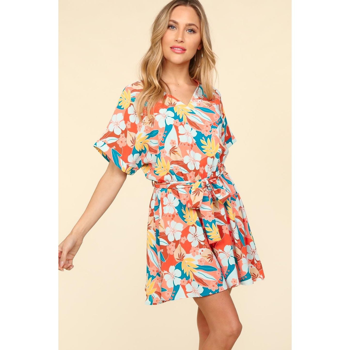 Haptics Tropical Floral Short Sleeve Tied Romper