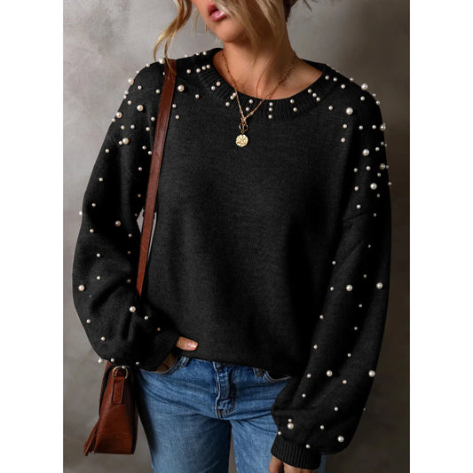 Pearl Detail Round Neck Long Sleeve Sweater