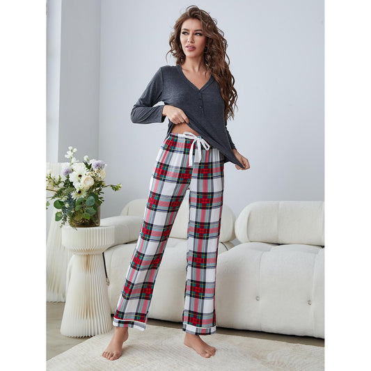 Buttoned Long Sleeve Top and Plaid Pants Lounge Set