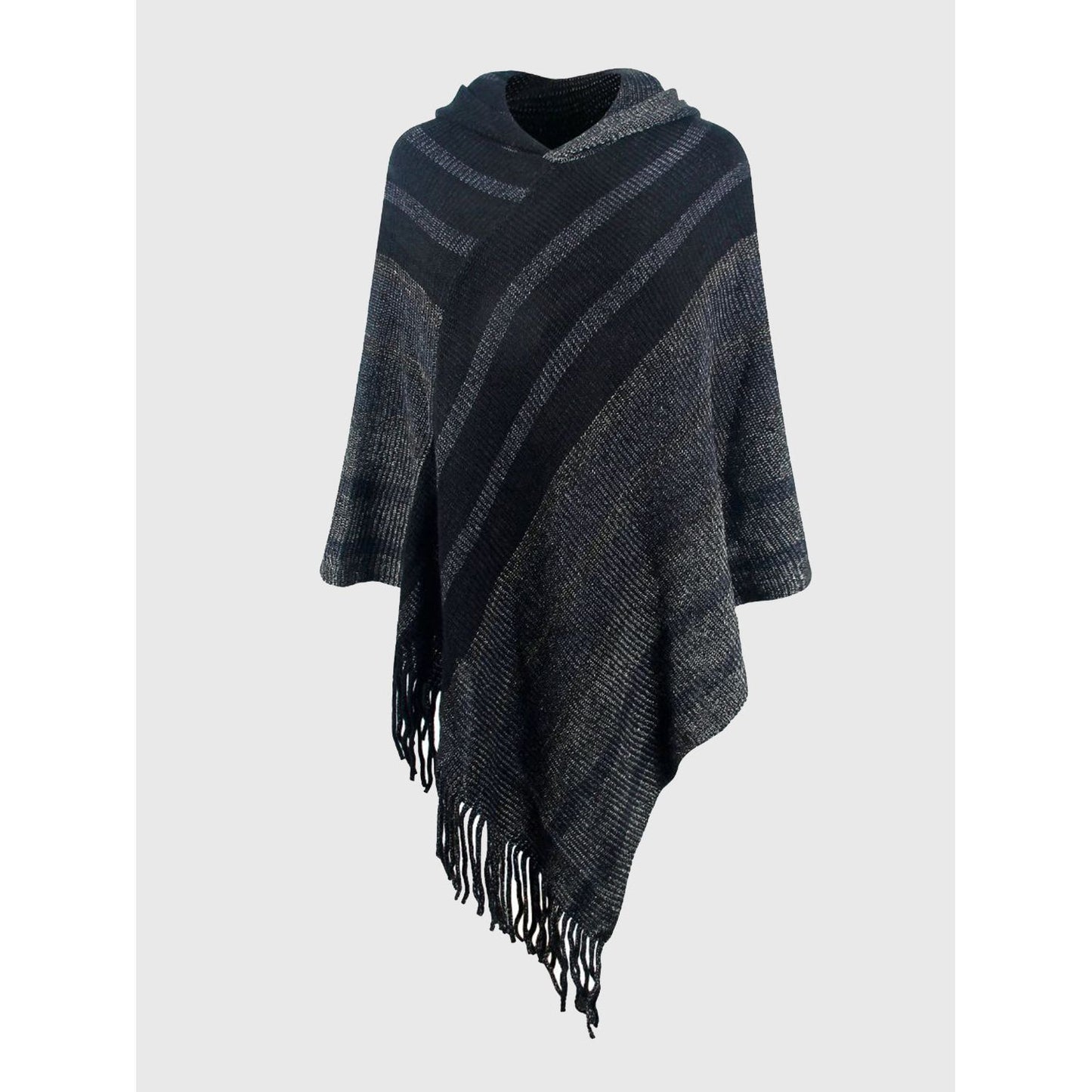 Striped Fringe Hem Hooded Poncho