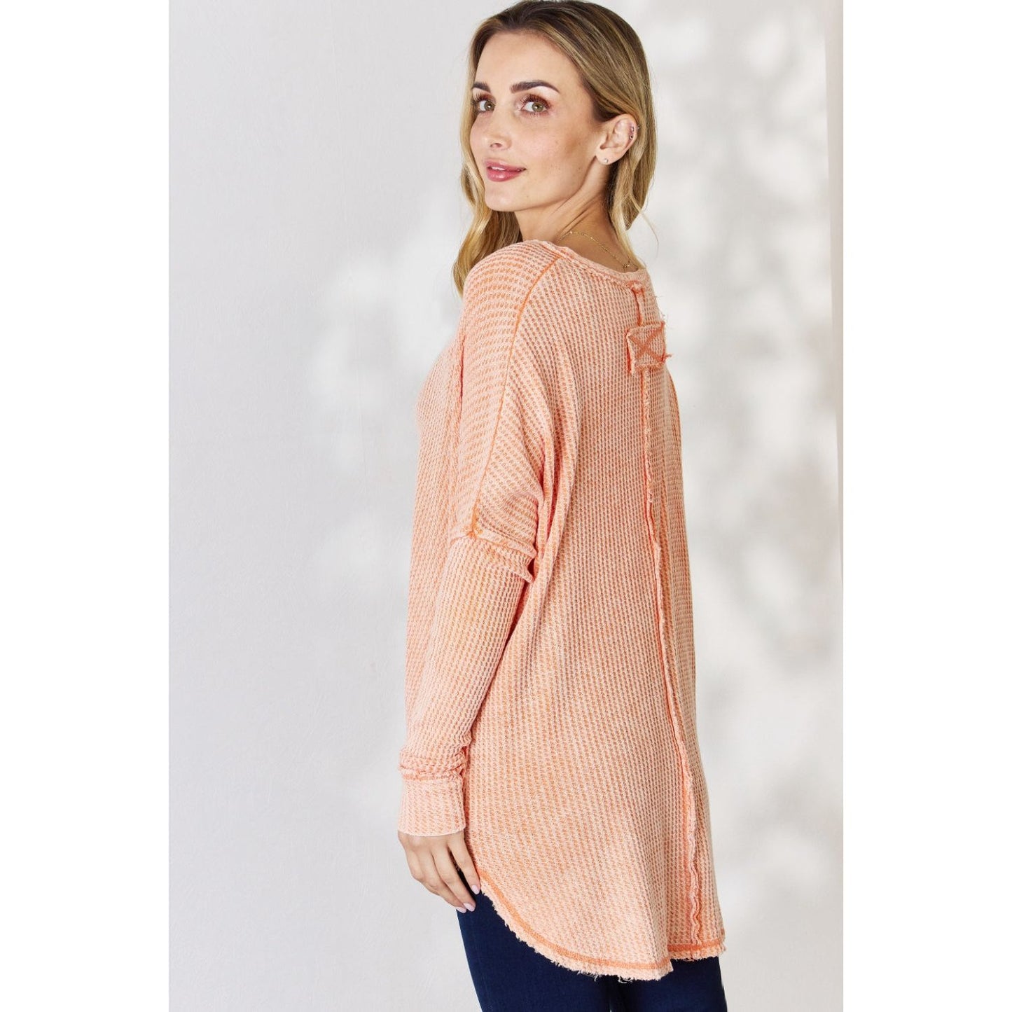 Zenana Oversized Washed Waffle Long Sleeve Top