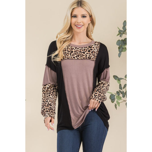 Celeste Full Size Leopard Color Block Exposed Seam T-Shirt