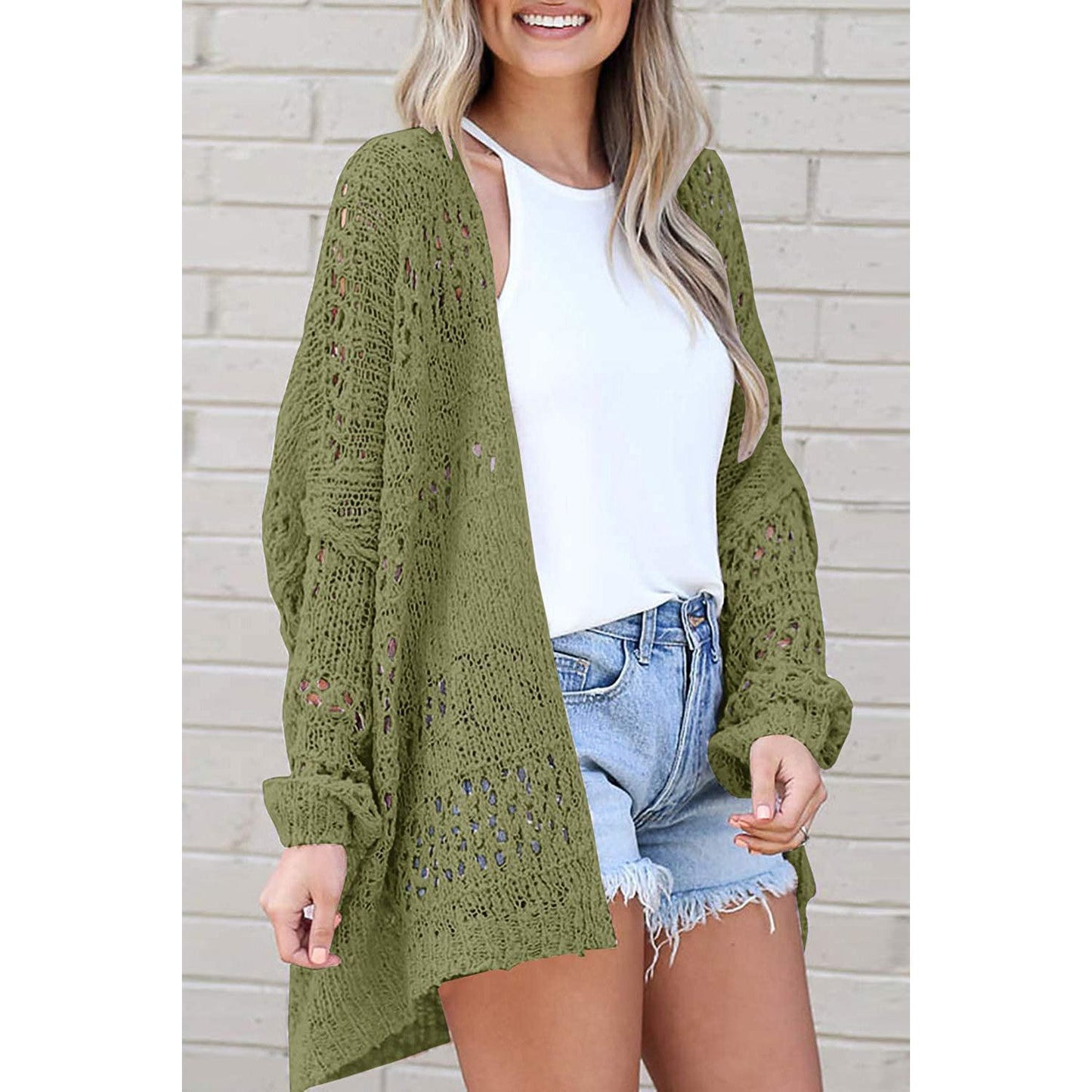 Openwork Open Front Long Sleeve Cardigan