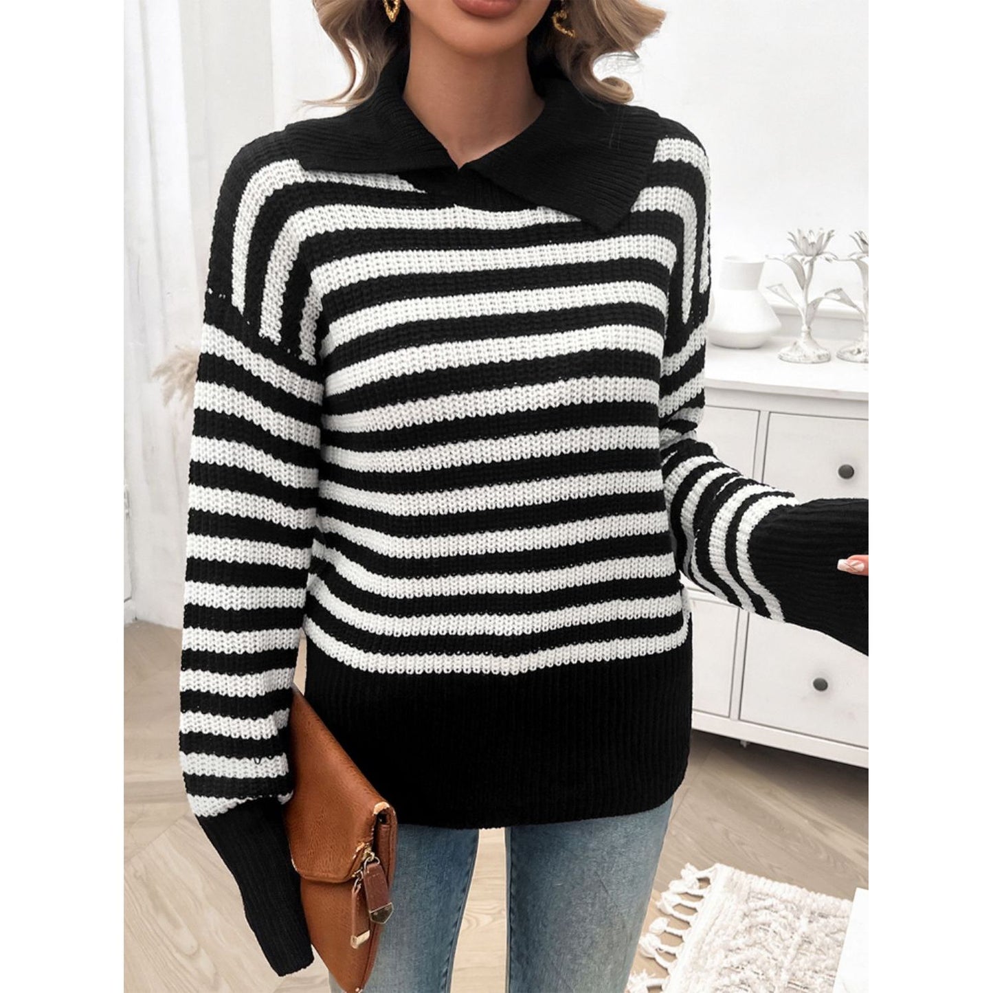 Devine Striped Collared Neck Long Sleeve Sweater