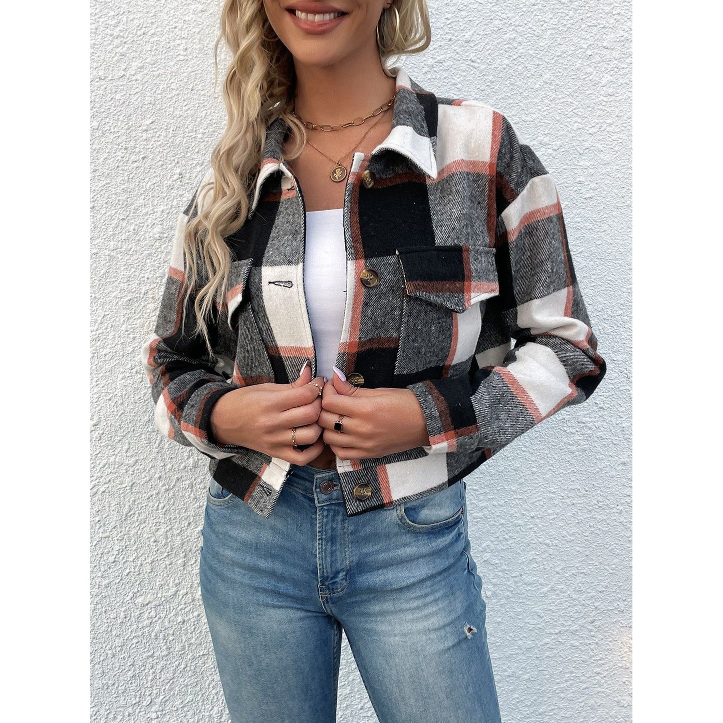 Perfee Plaid Button Up Drop Shoulder Cropped Jacket