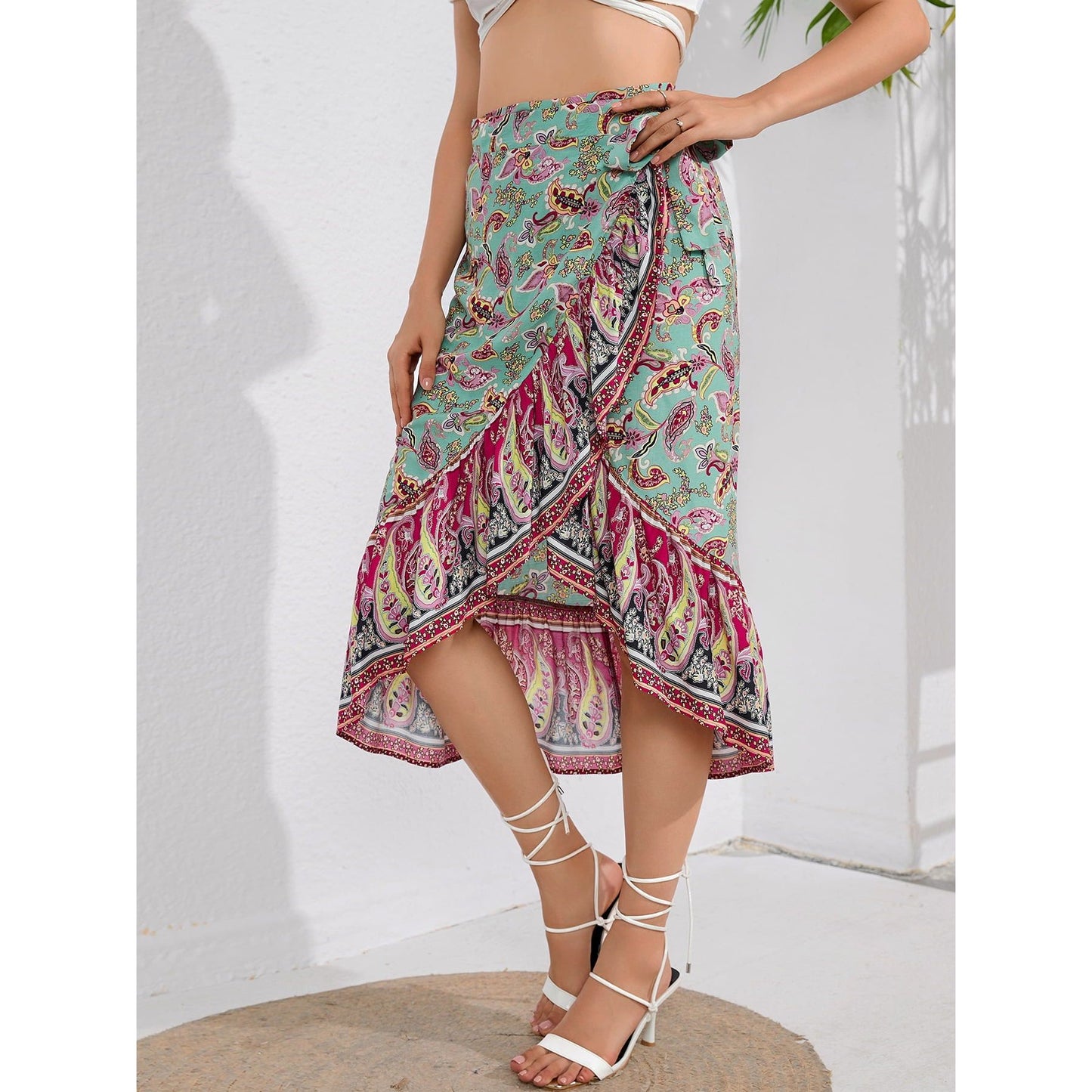 Tie Waistband Flounce Hem Midi Skirt