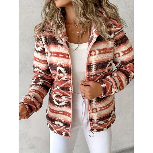 Geometric Zip Up Long Sleeve Hooded Jacket