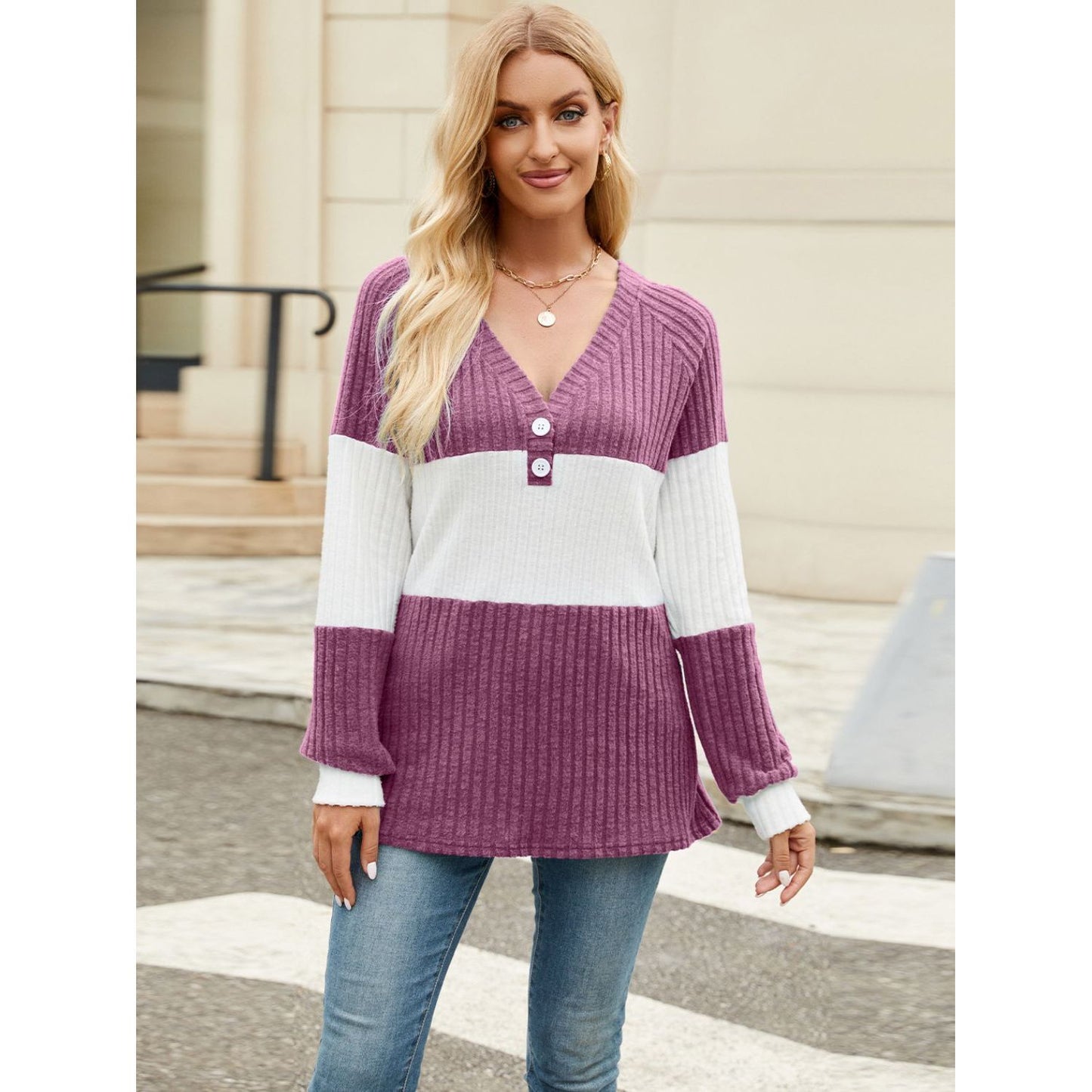 Color Block V-Neck Long Sleeve T-Shirt