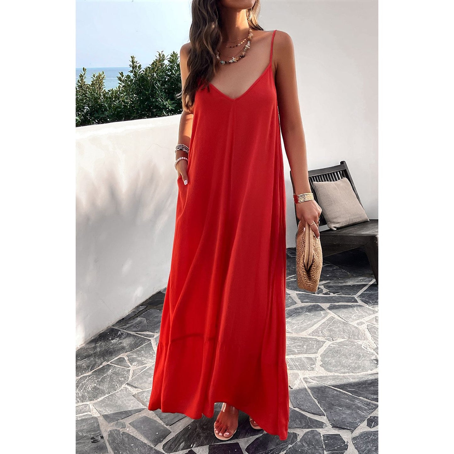 Backless Maxi Cami Dress with Pockets