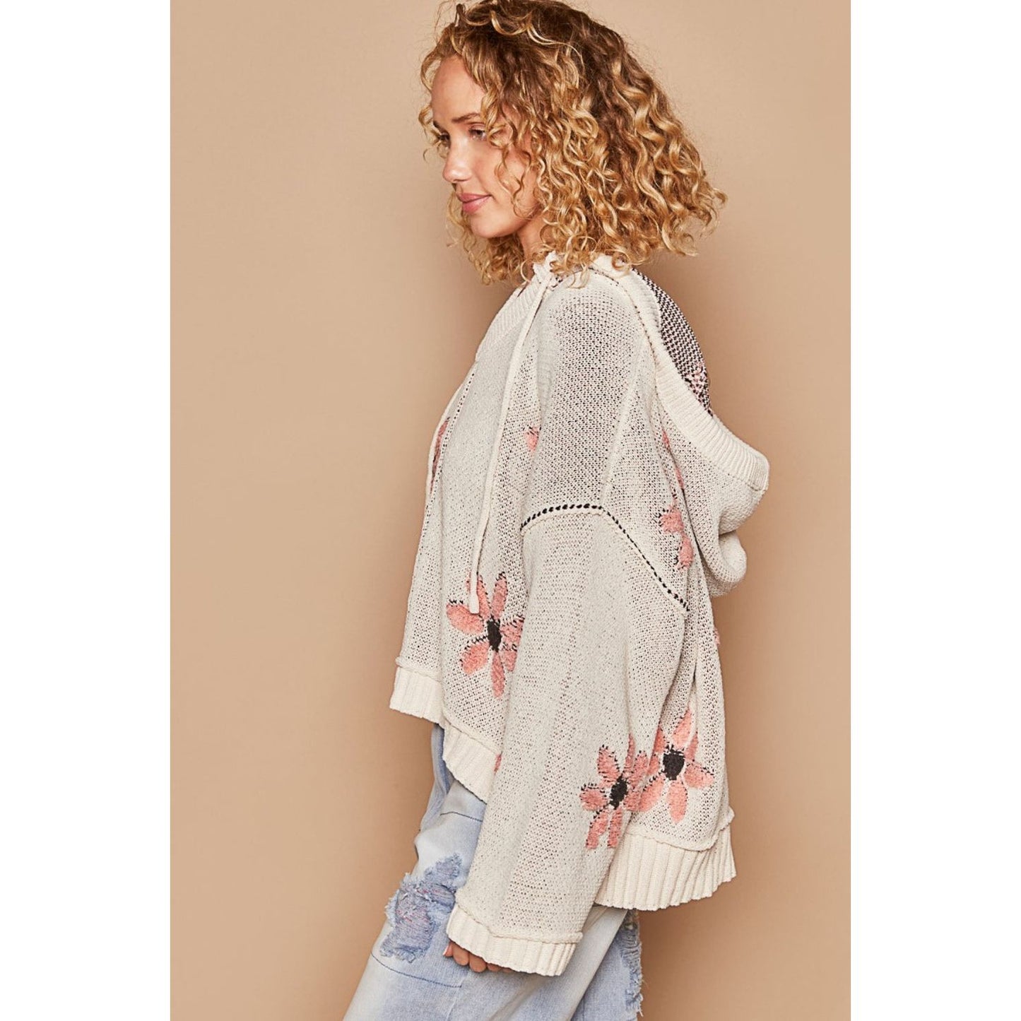 POL Floral Pattern Hooded High-Low Sweater