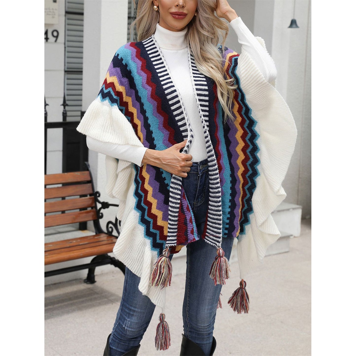 Striped Open Front Poncho with Tassels