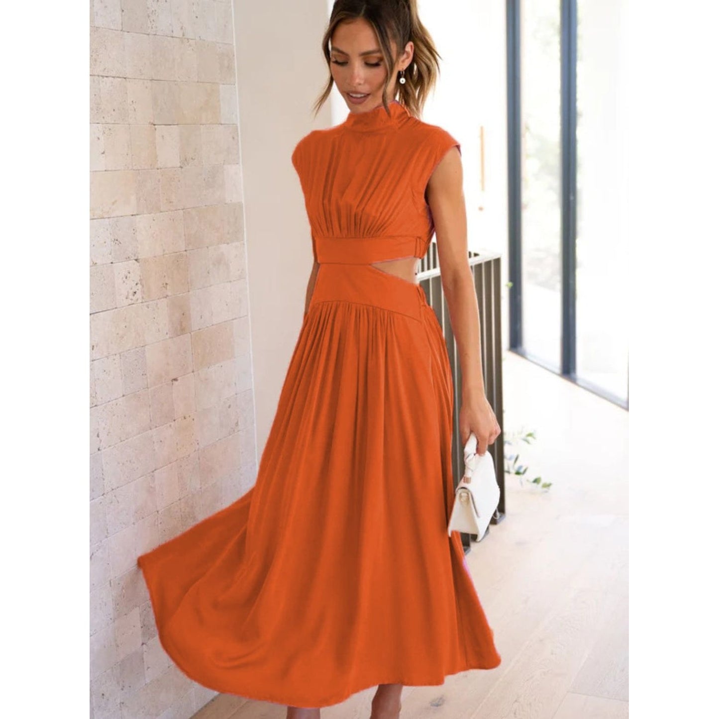 Cutout Mock Neck Sleeveless Ruched Dress