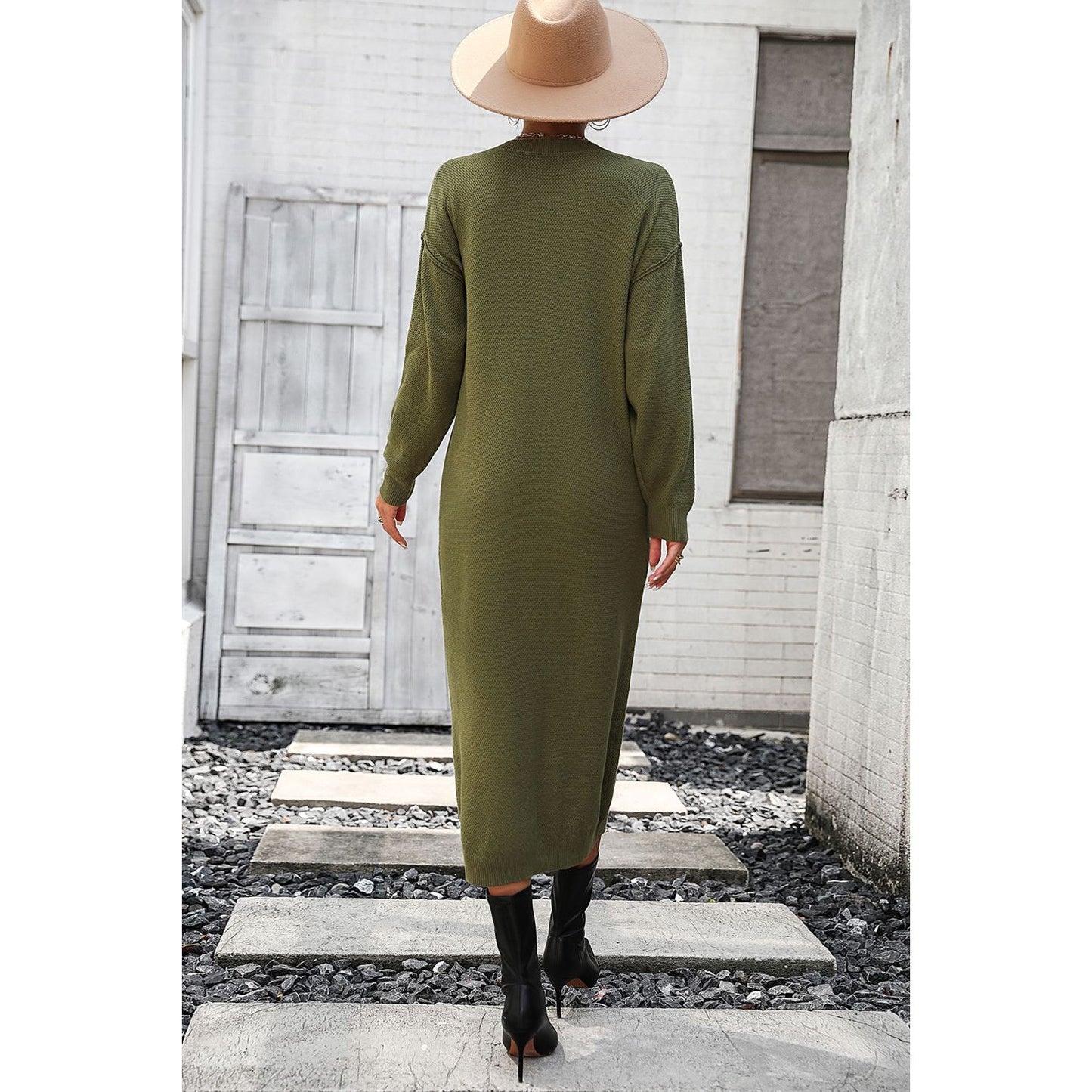 Decorative Button Notched Dropped Shoulder Sweater Dress