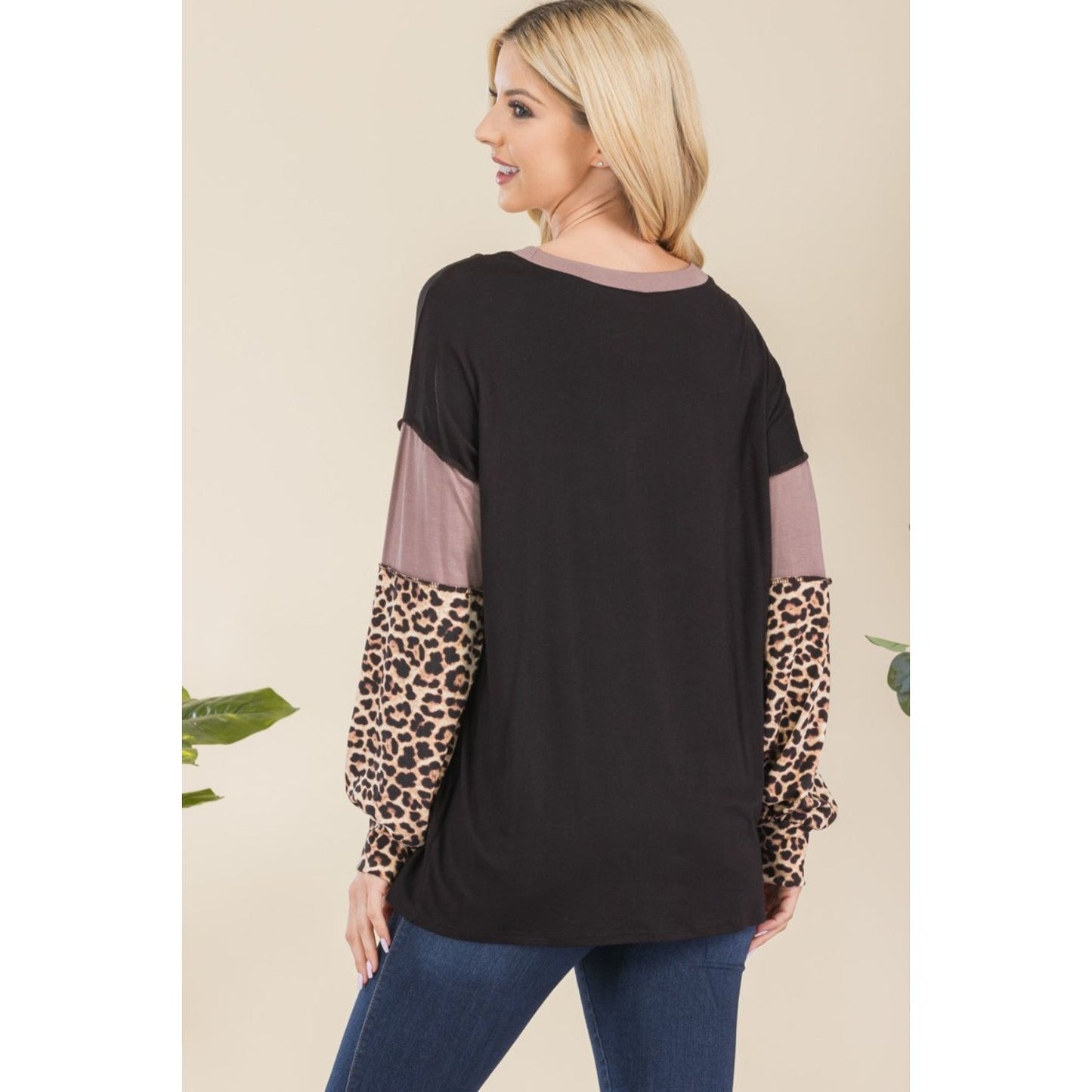 Celeste Full Size Leopard Color Block Exposed Seam T-Shirt