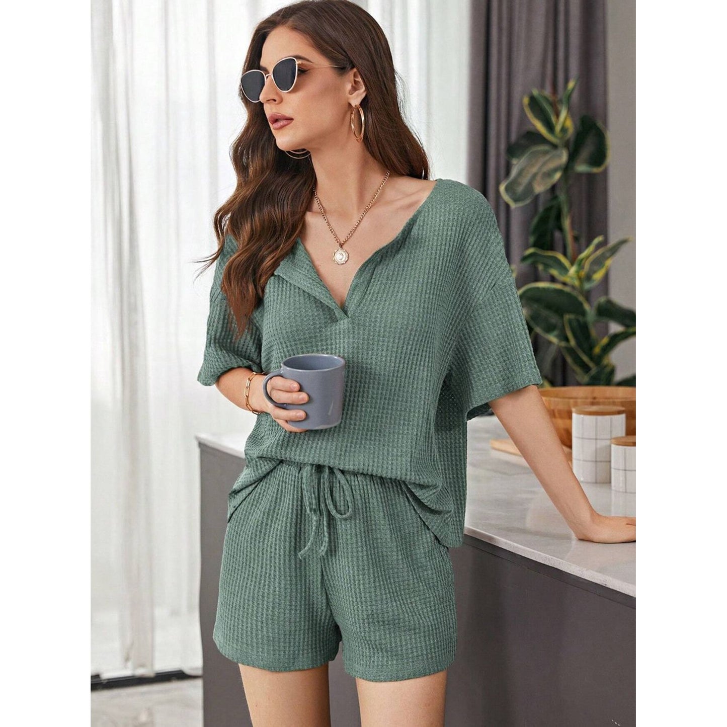 Full Size Waffle-Knit Dropped Shoulder Top and Shorts Set