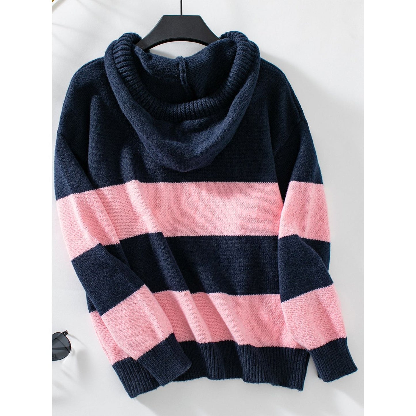 Drawstring Contrast Stripe Dropped Shoulder Hooded Sweater