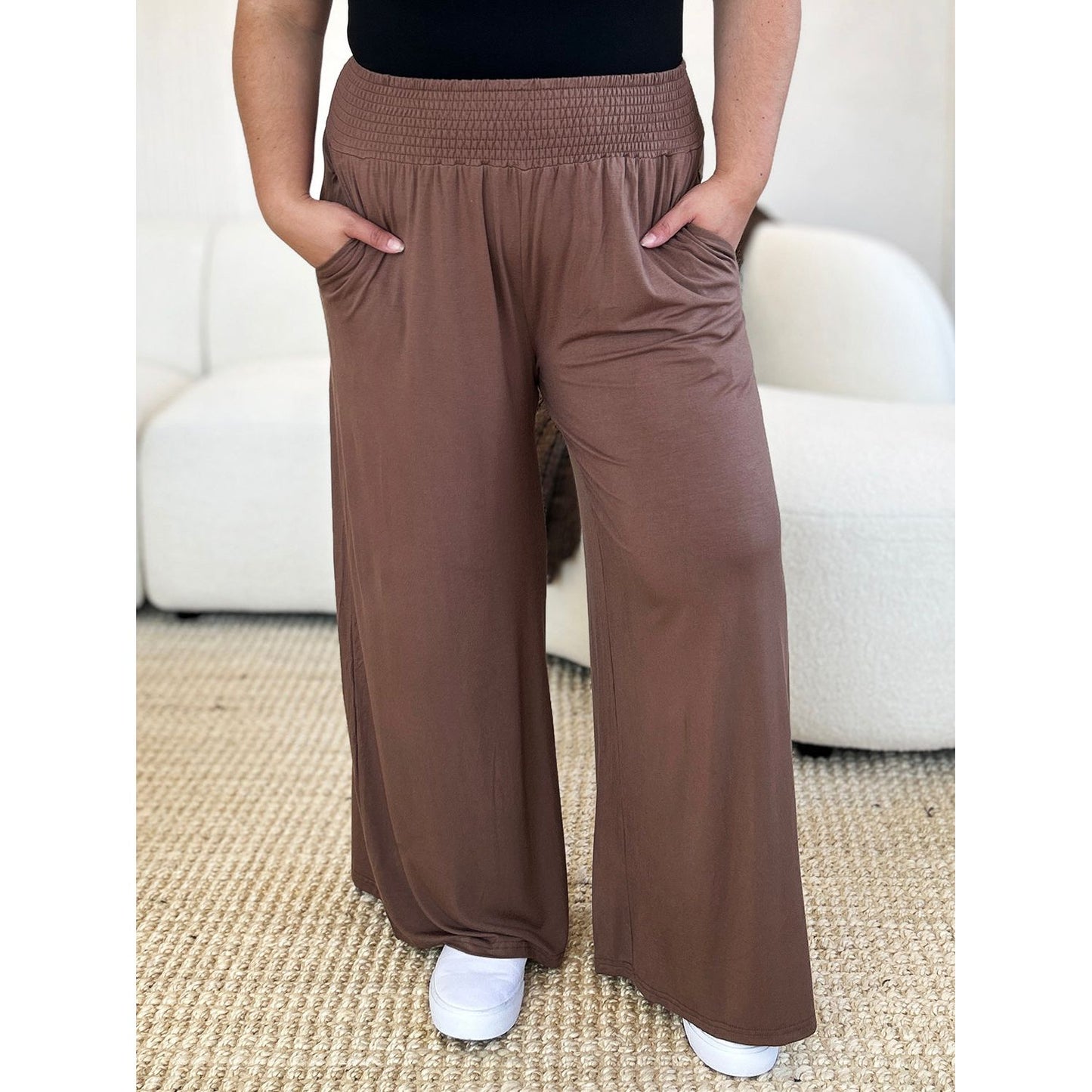 Double Take Full Size Smocked Wide Waistband Wide Leg Pants