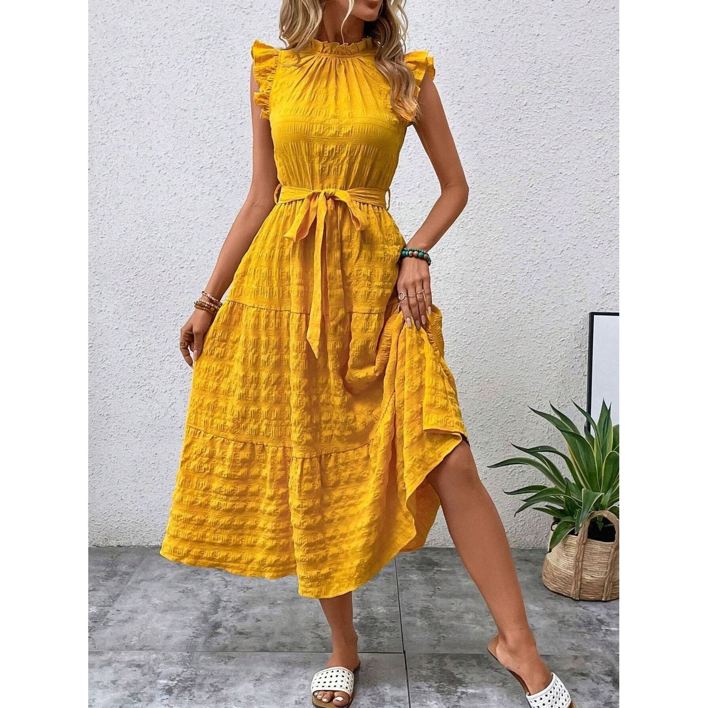 Tied Ruffled Cap Sleeve Midi Dress