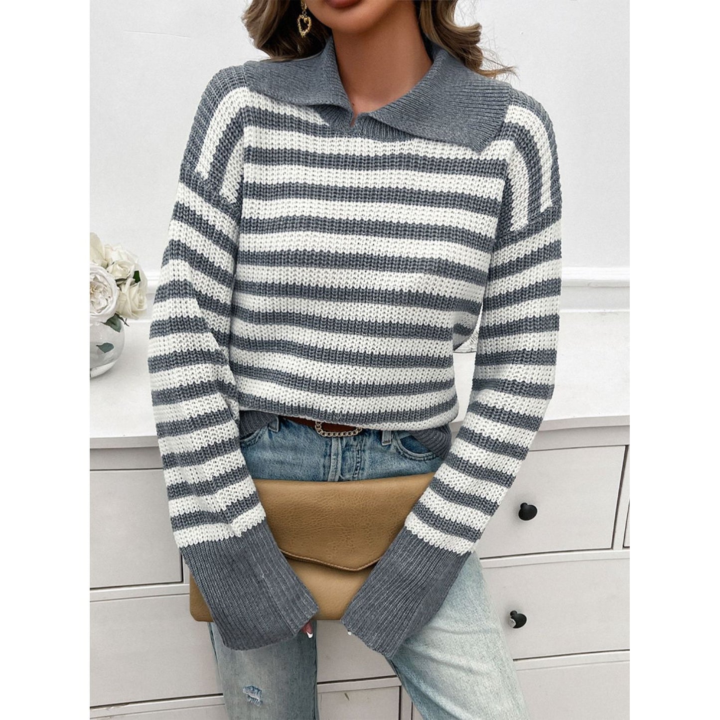 Devine Striped Collared Neck Long Sleeve Sweater