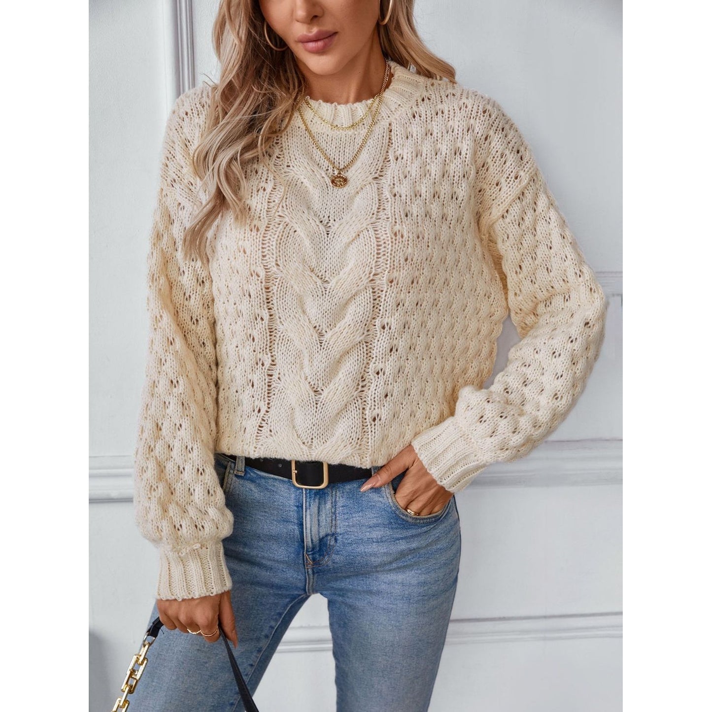 Cable-Knit Round Neck Long Sleeve Sweater