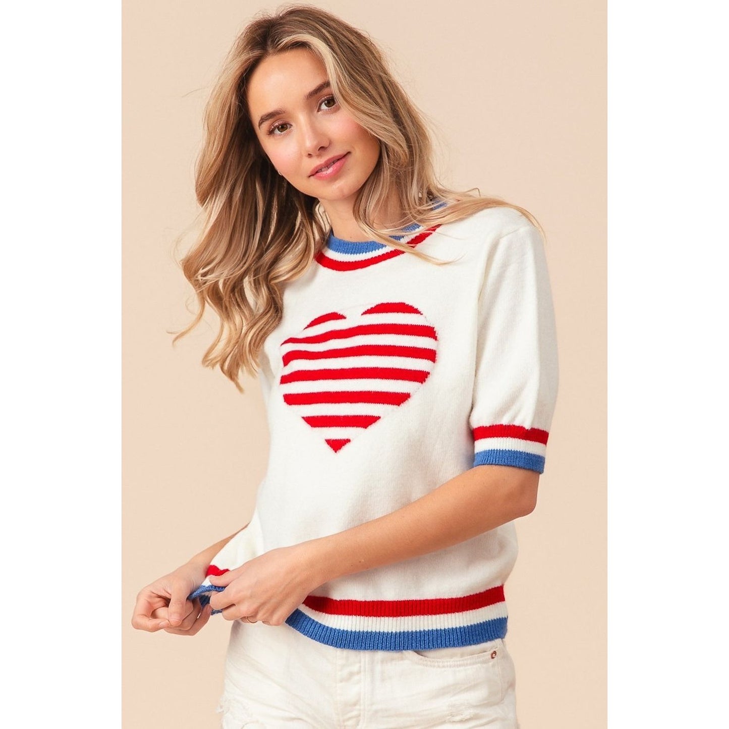 BiBi US Flag Theme Striped Heart Sweater