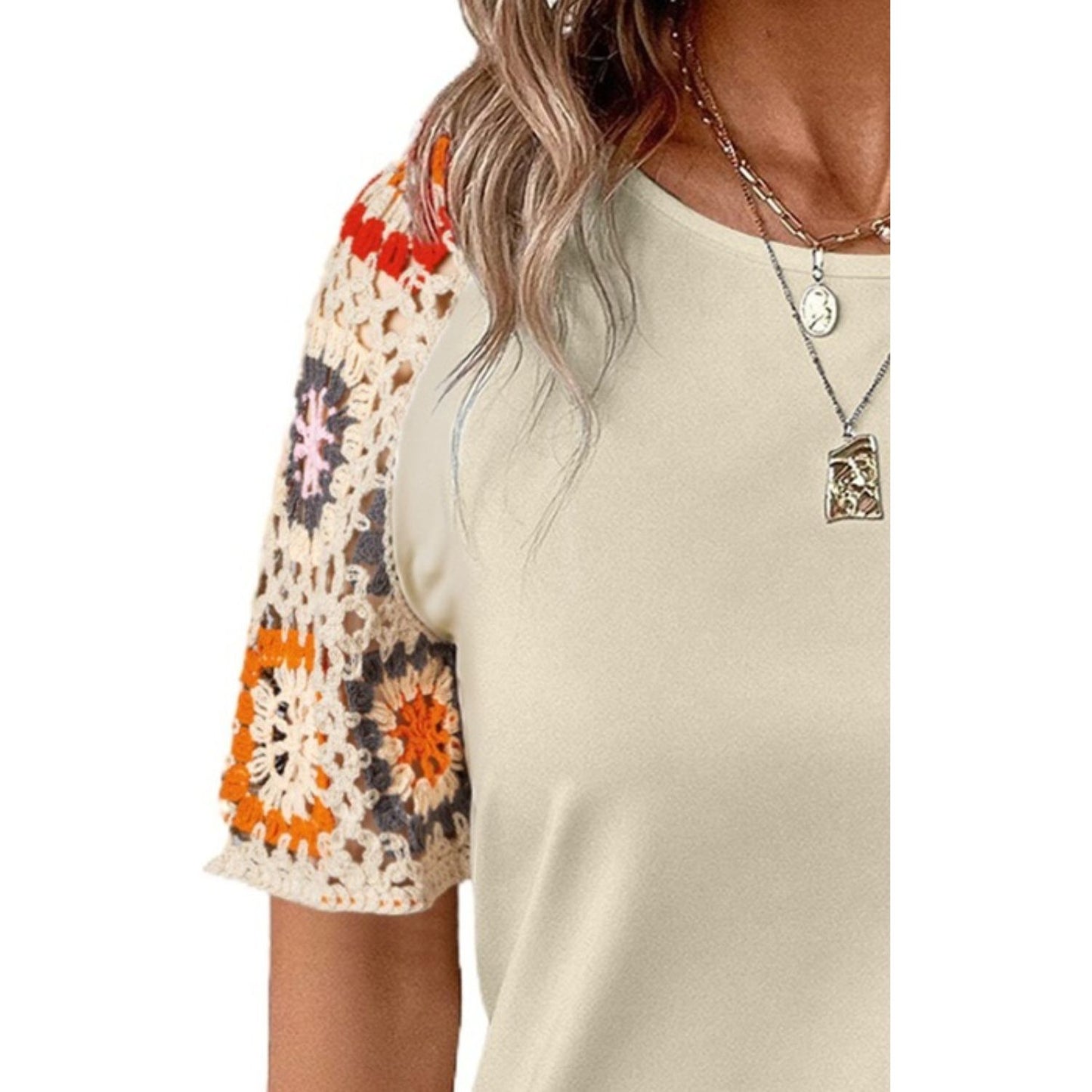 Geometric Round Neck Short Sleeve Blouse