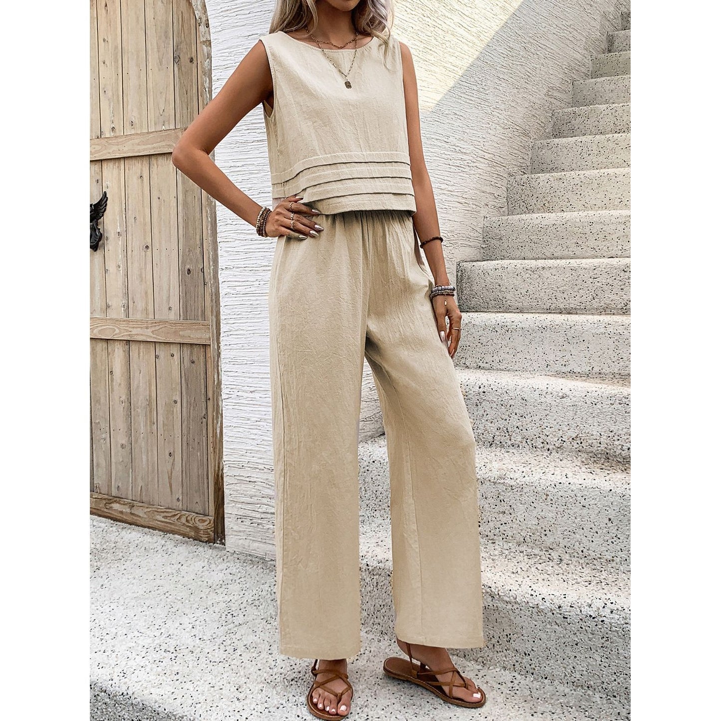 Honey Round Neck Sleeveless Top and Wide Leg Pants Set