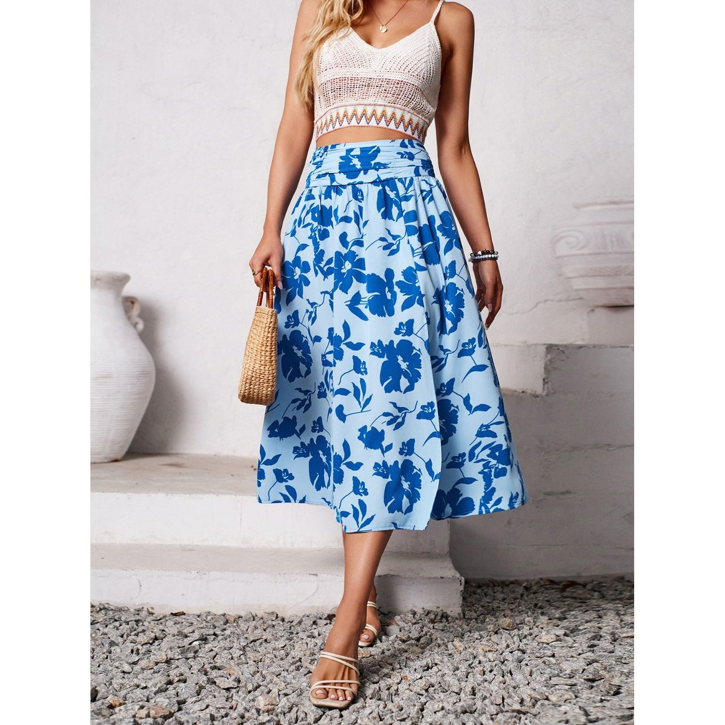 Slit Printed Midi Skirt