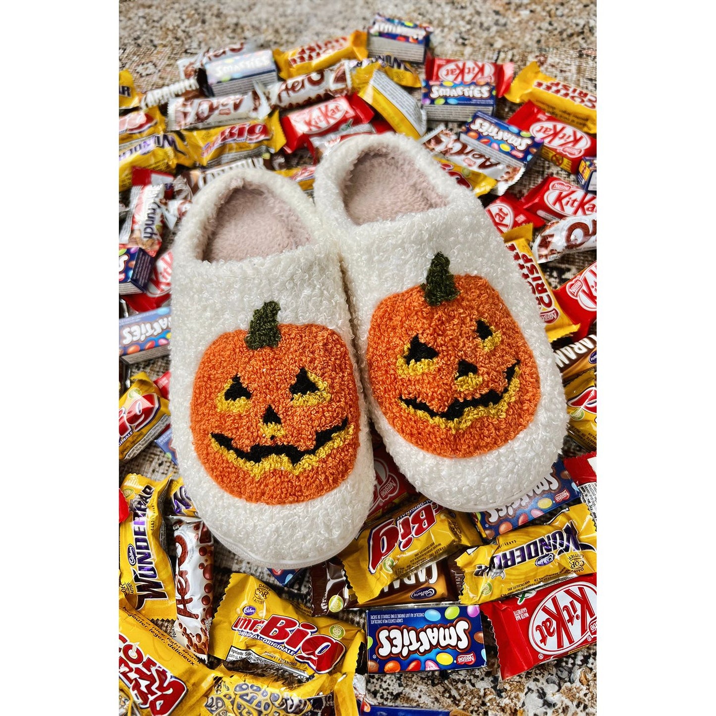 White Halloween Pumpkin Print Plush Slippers (Runs Small, Size Up)