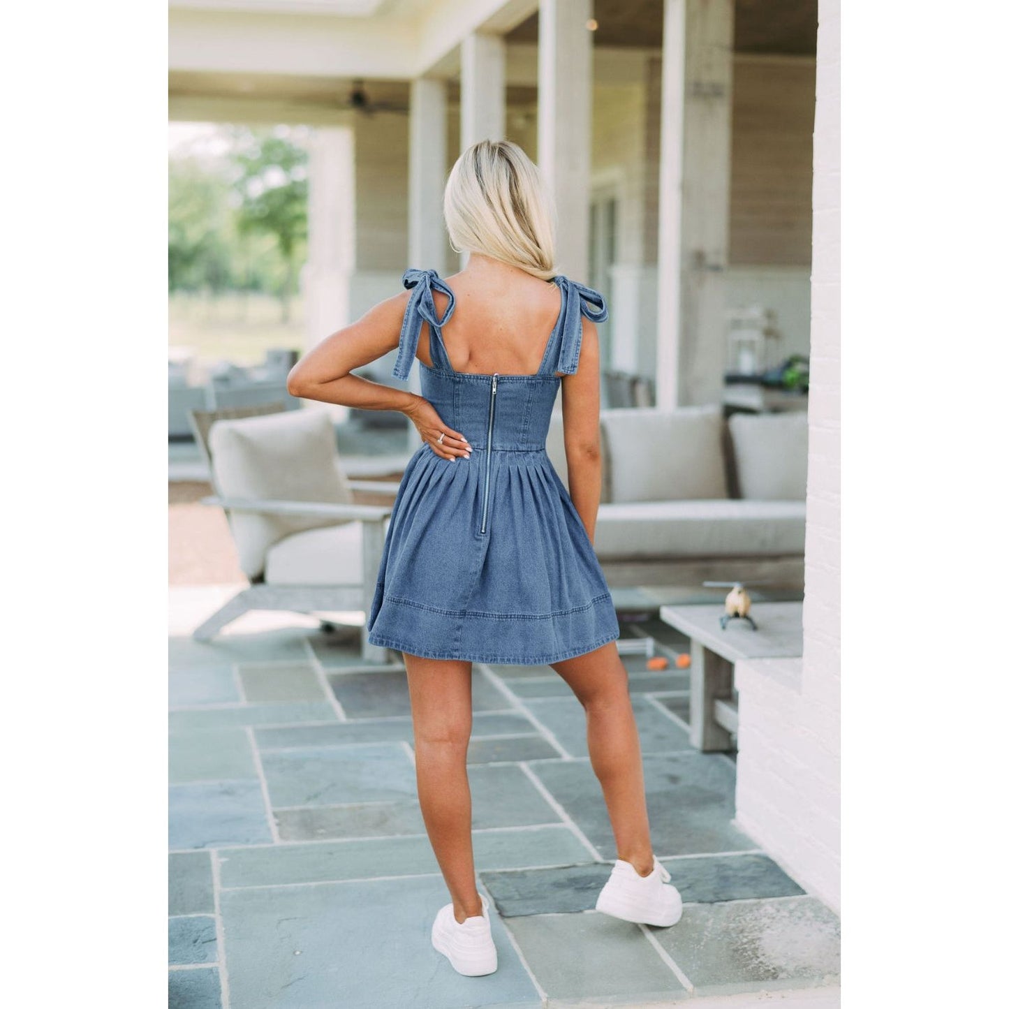 Square Neck Tie Shoulder Denim Dress