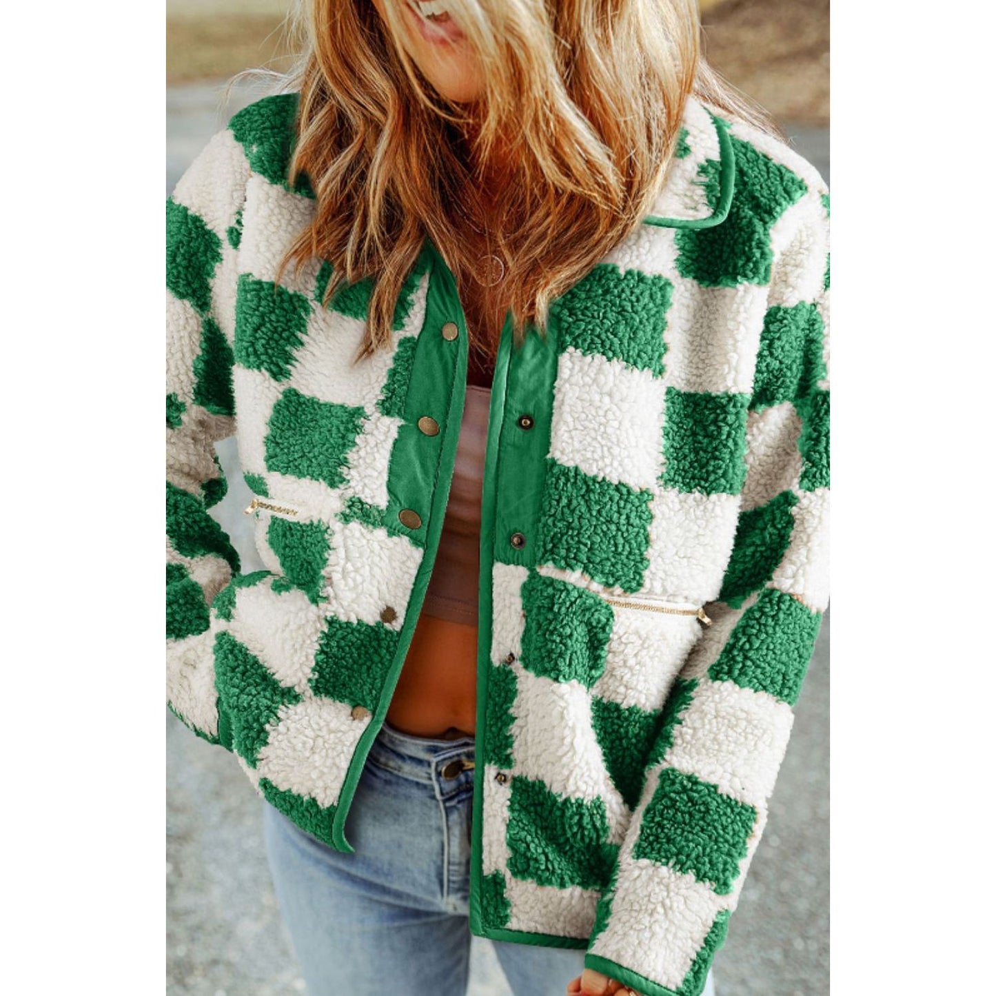 Checkered Snap Down Long Sleeve Jacket