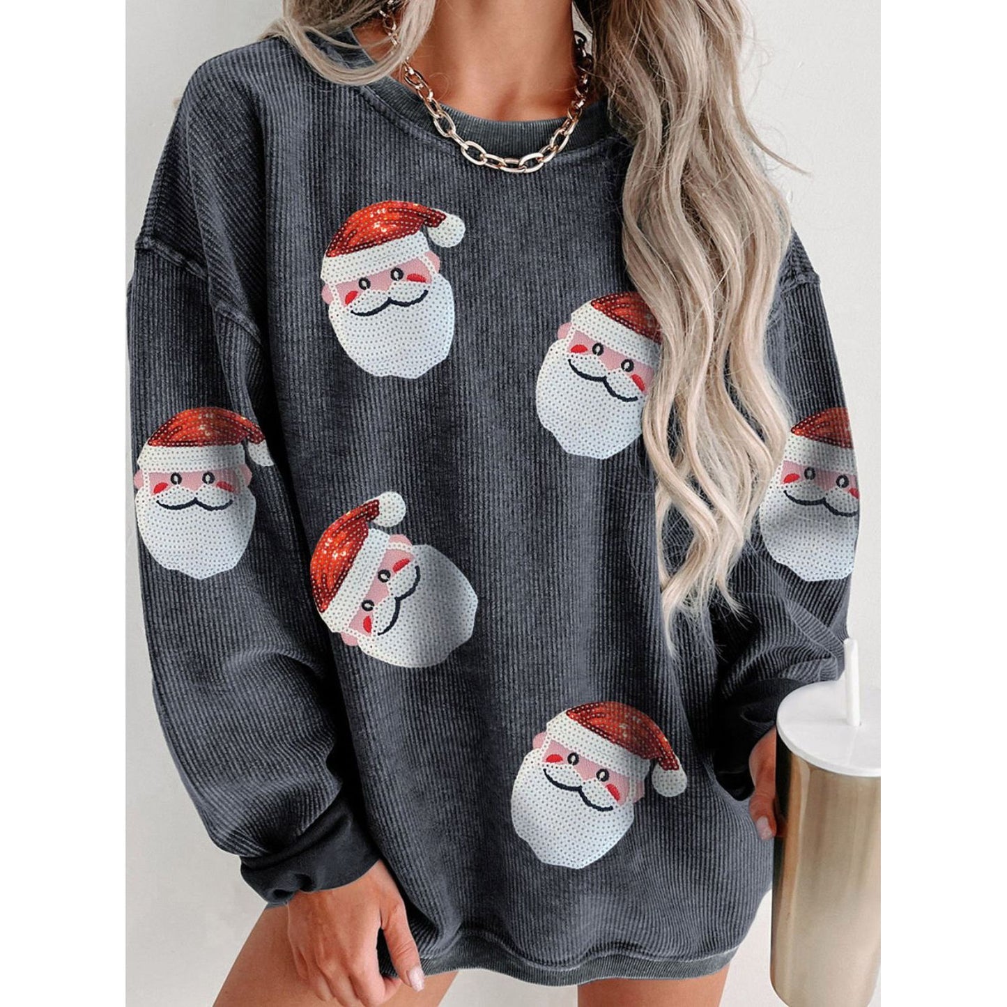 Sequin Santa Patch Ribbed Sweatshirt