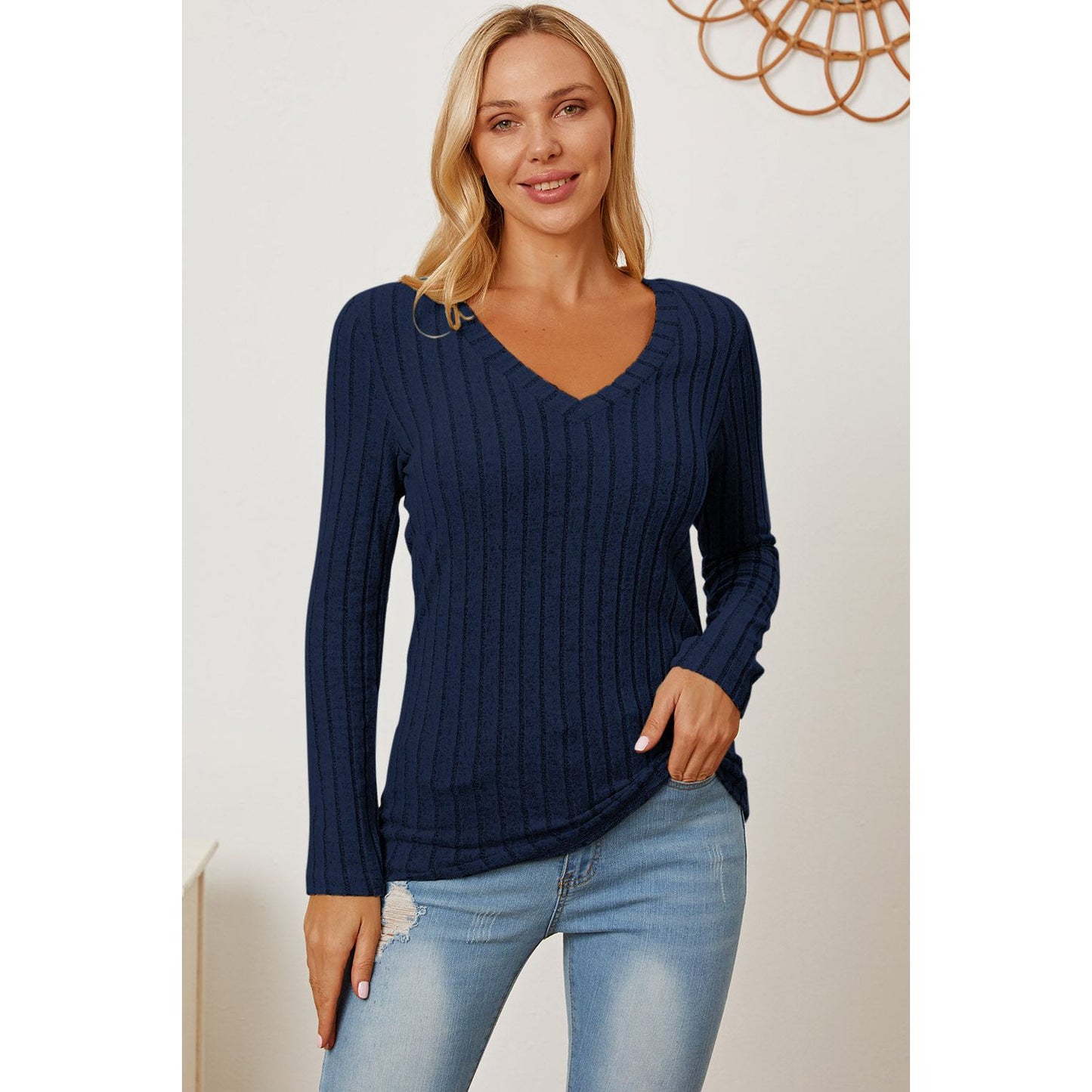 Basic Bae Full Size Ribbed V-Neck Long Sleeve T-Shirt