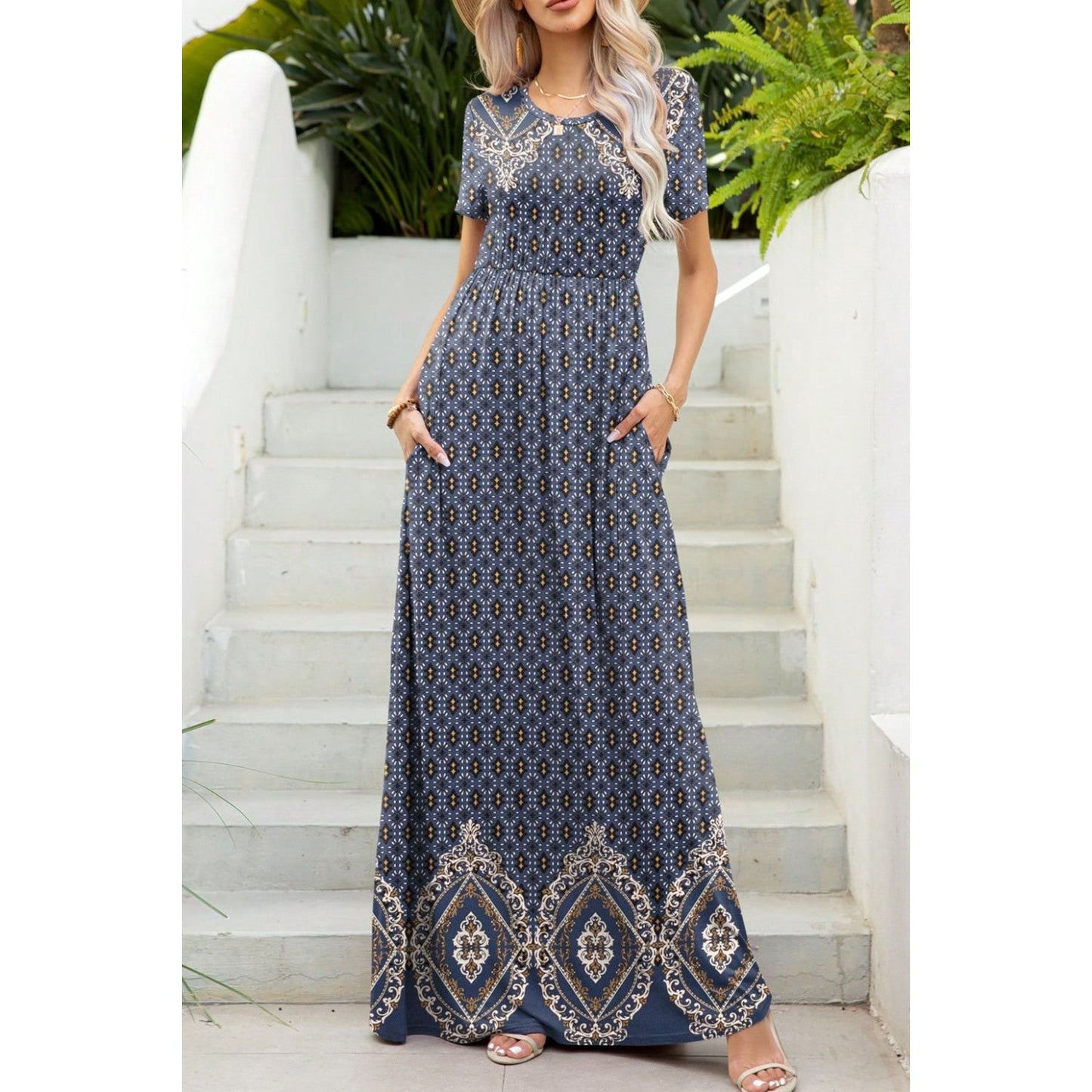 Printed Round Neck Short Sleeve Maxi Dress