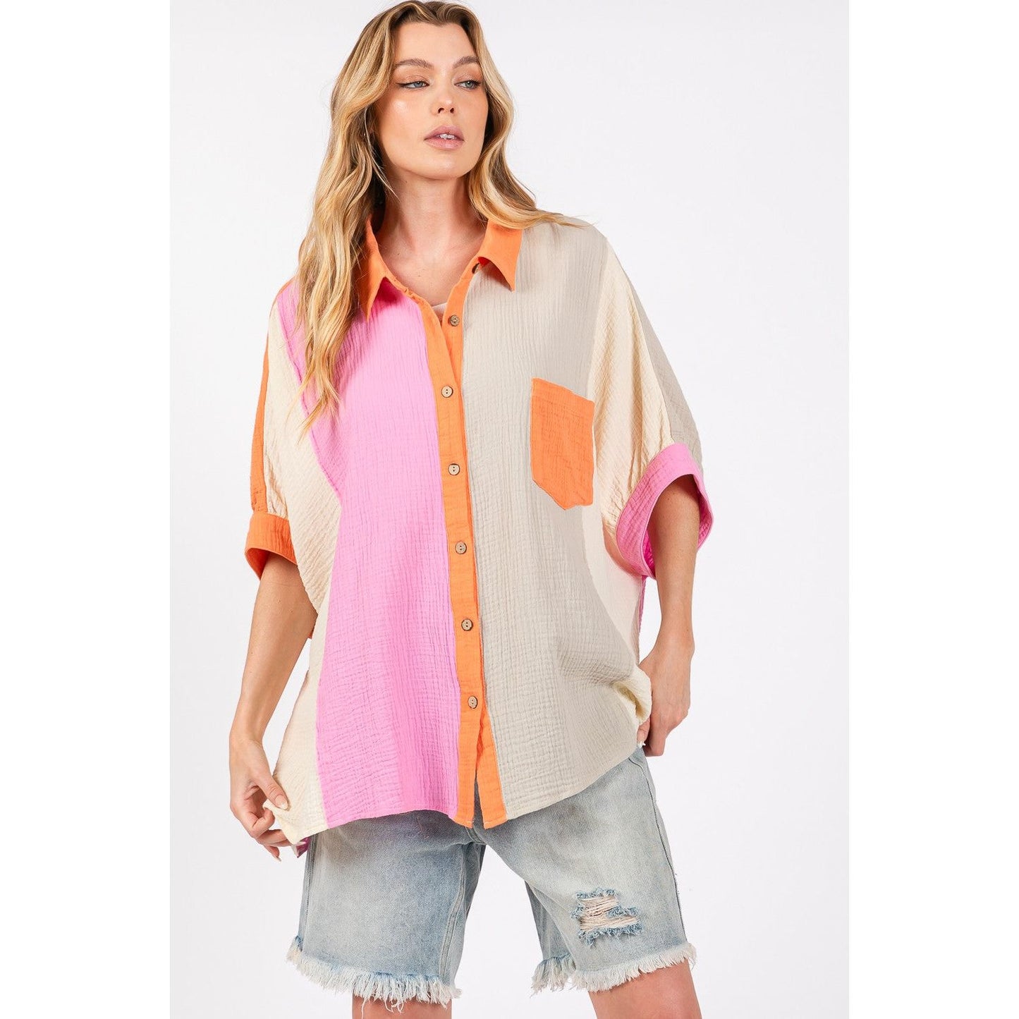 SAGE + FIG Full Size Color Block Button-Down Shirt