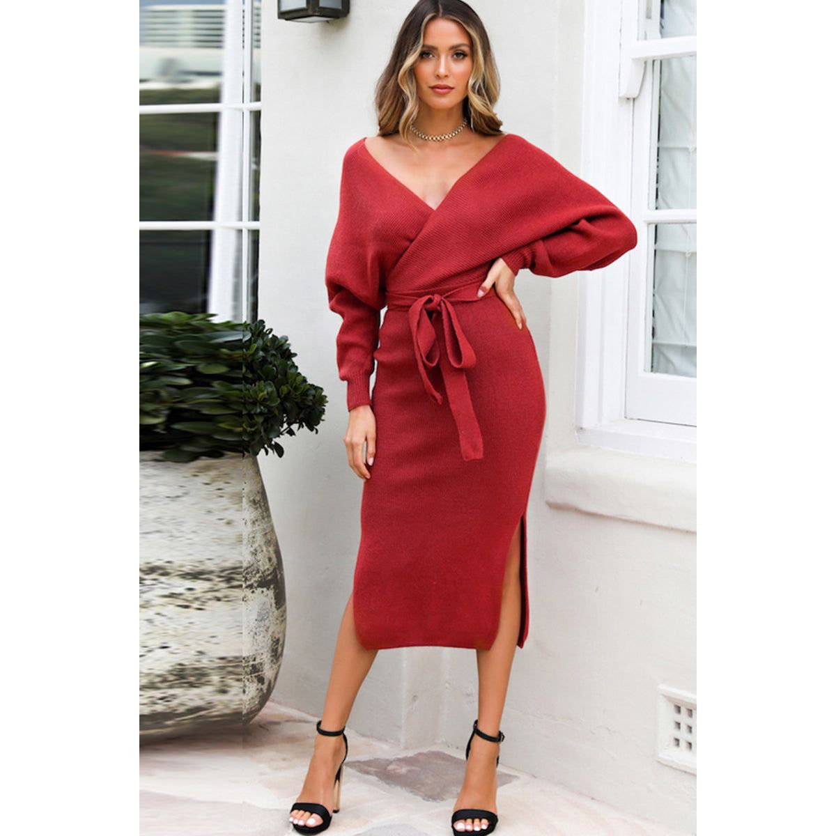 Surplice Neck Bow Waist Slit Sweater Dress