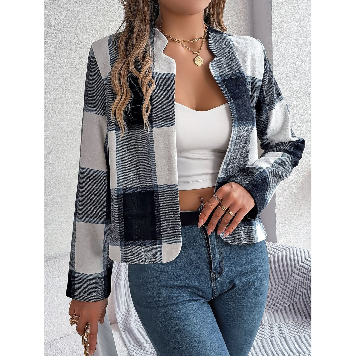 Plaid Open Front Long Sleeve Jacket