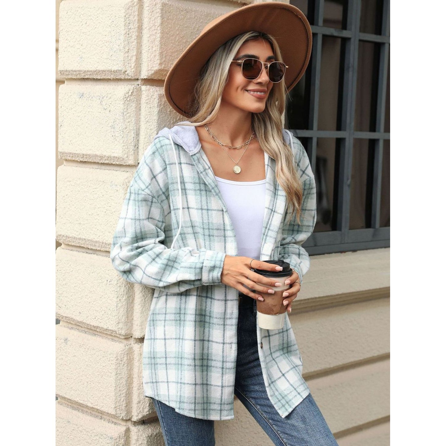 Drawstring Plaid Button Up Hooded Jacket