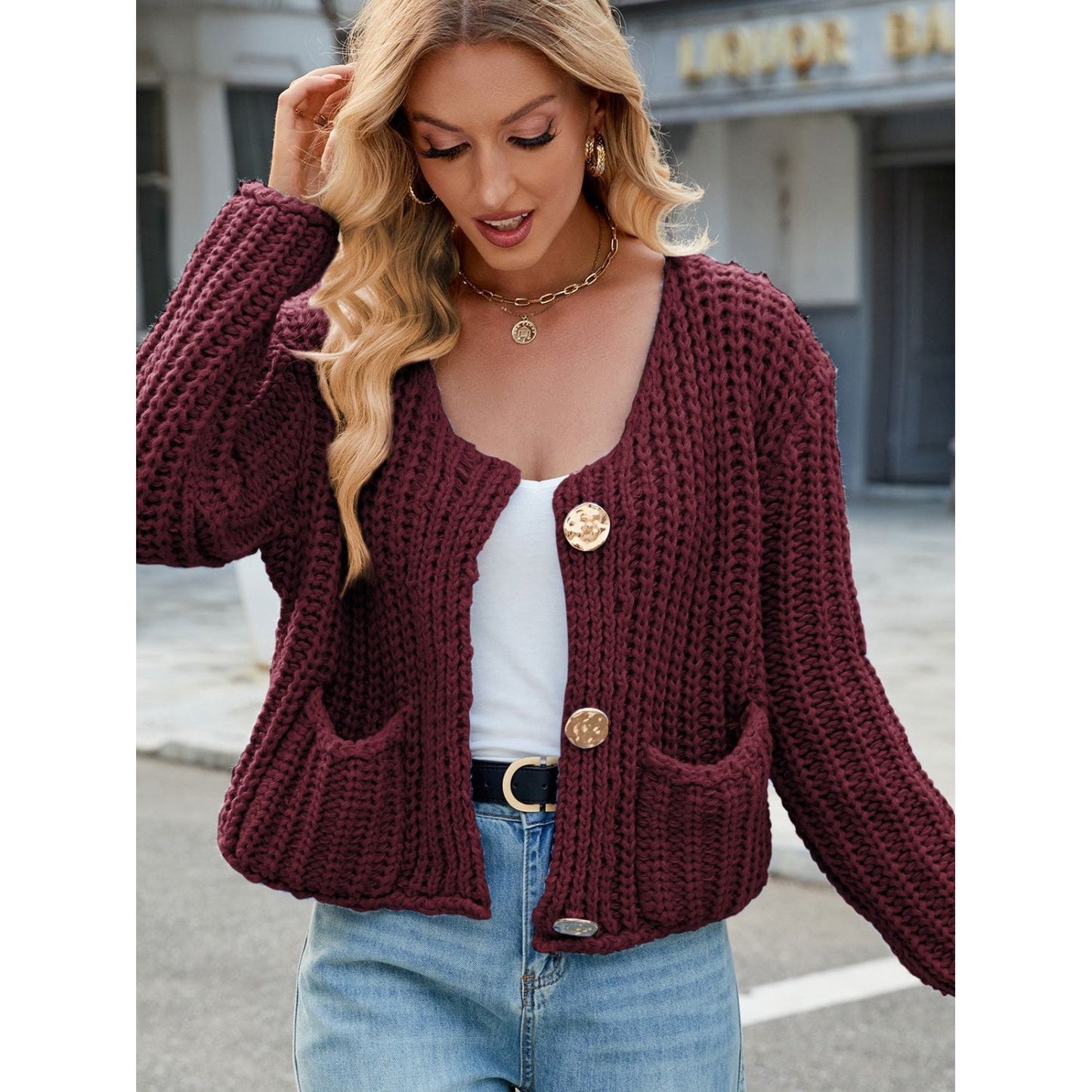 Round Neck Button Up Cardigan with Pockets