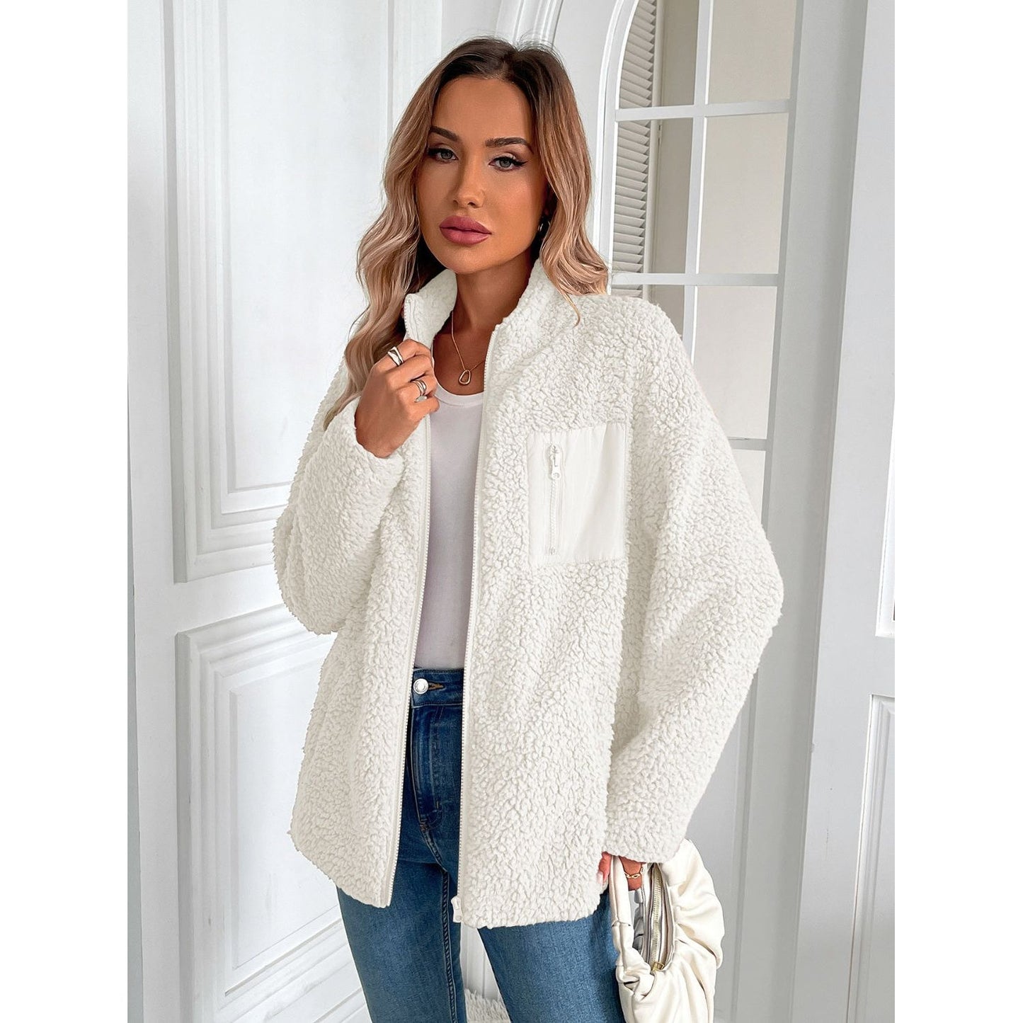 Ivy Lane Zip Up Long Sleeve Fuzzy Jacket