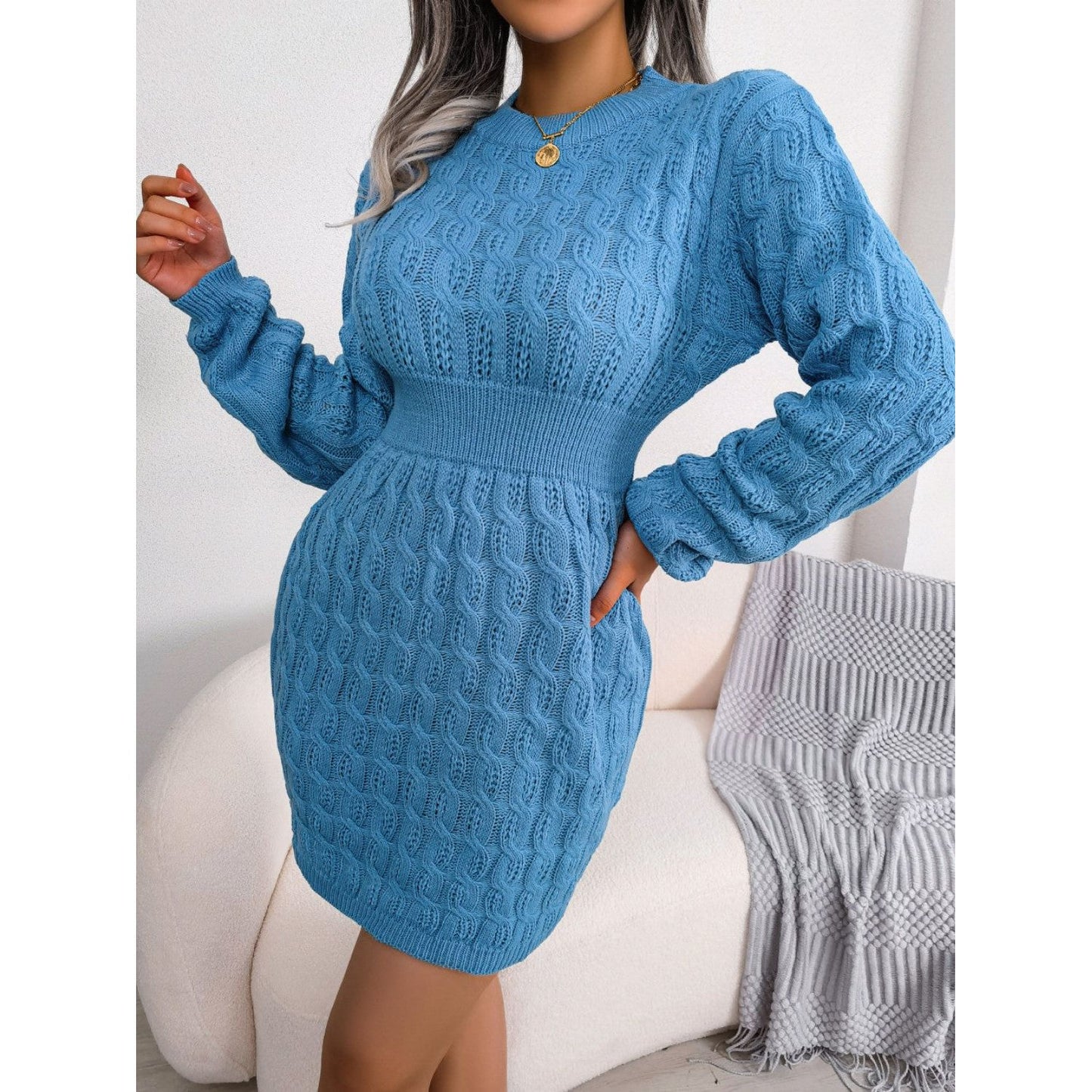 Cable-Knit Round Neck Mini Wrap Sweater Dress