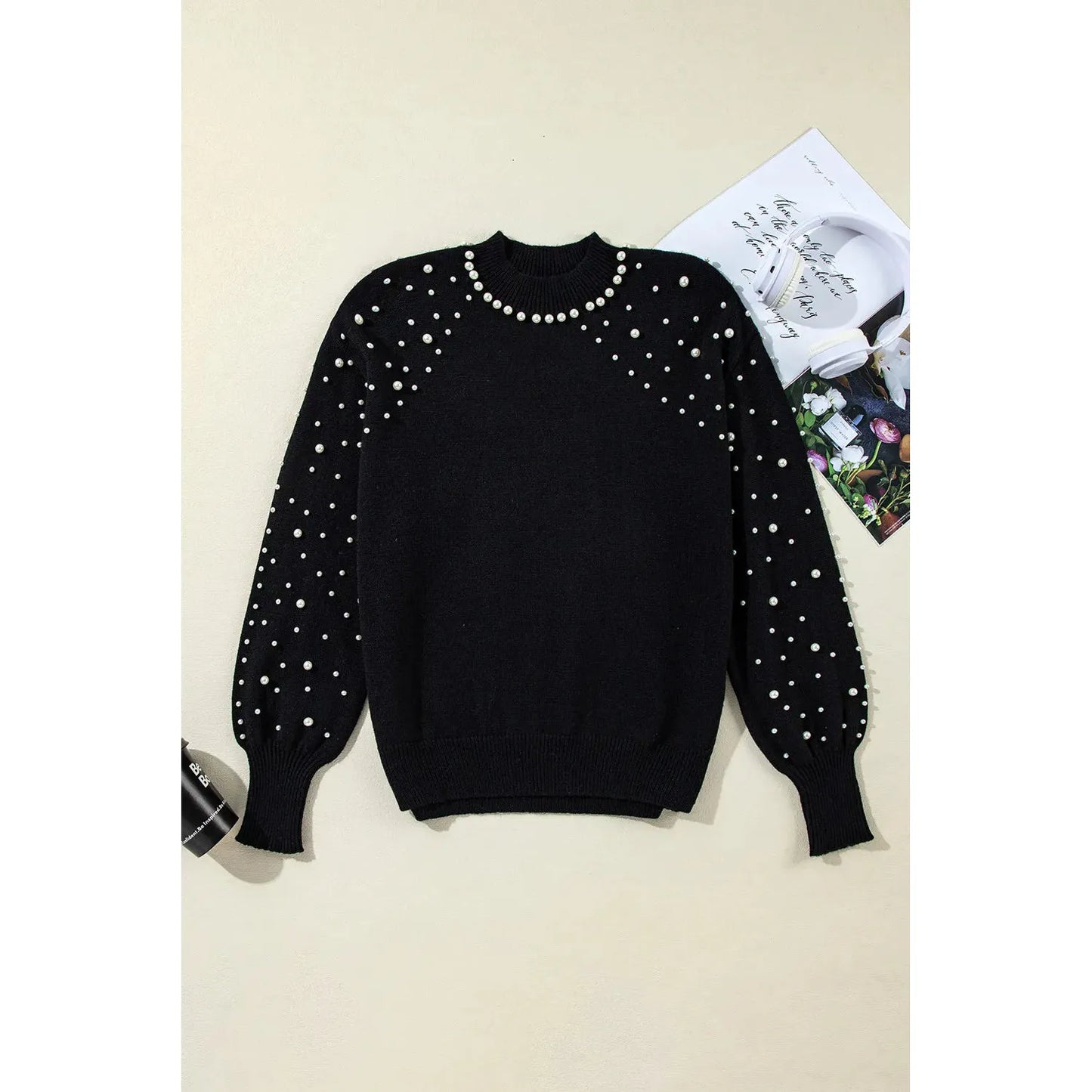 Pearl Detail Mock Neck Long Sleeve Sweater