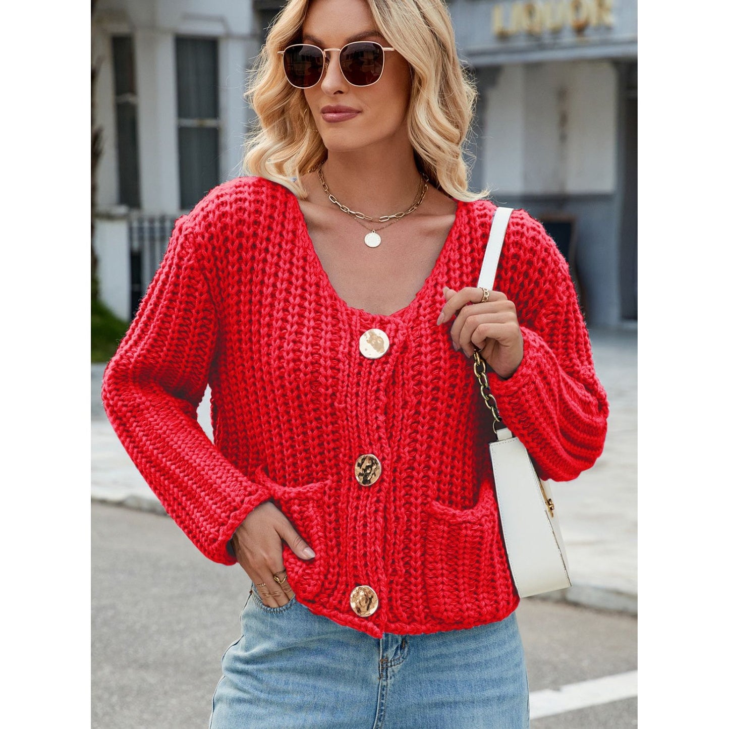 Round Neck Button Up Cardigan with Pockets